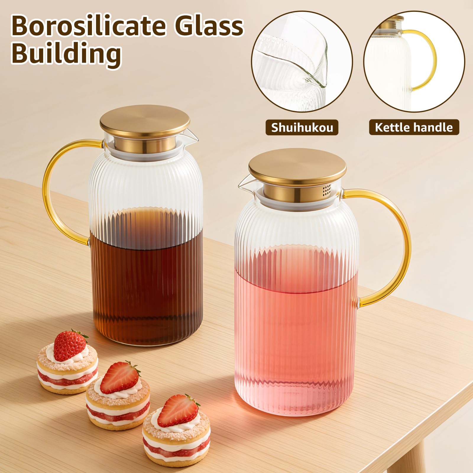 Confezione da 2 brocche in vetro con coperchio, 2 litri, classiche a righe verticali, con manico, caraffa per acqua in vetro, per caffè freddo, tè al sole, bevande resistenti al calore