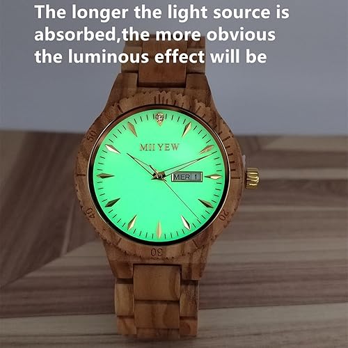 Miniatura 2 de MII YEW Reloj de madera para hombre, ligero, analógico, de cuarzo, hecho a mano, esfera verde con fecha