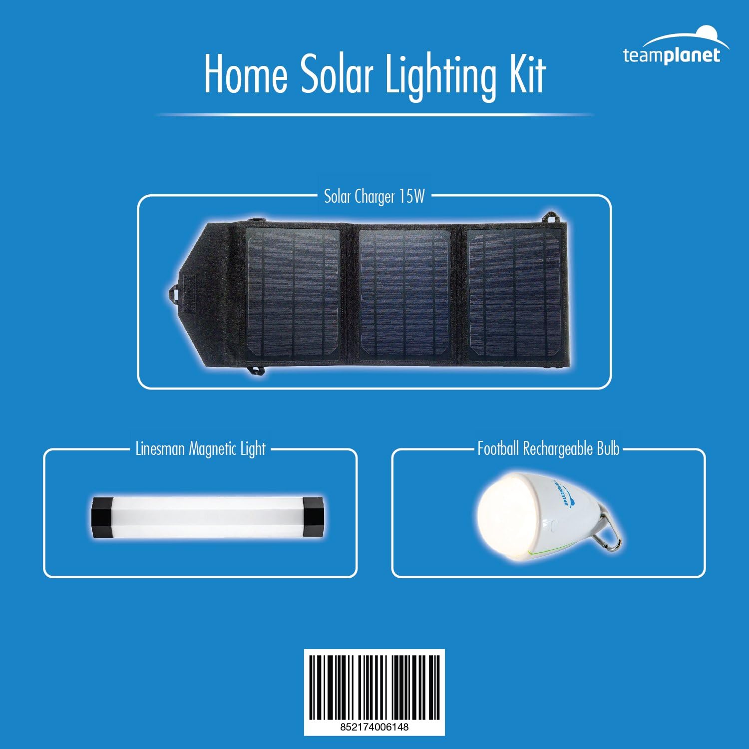 Ultimate Solar Light Kit 3 items: 15W solar charger, 1 rechargeable magnetic tube light, 1 rechargeable waterproof warm bulb with remote.