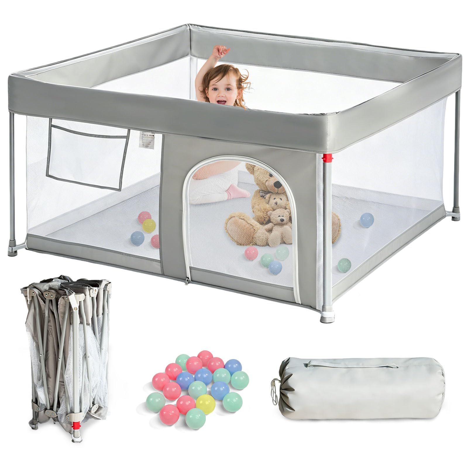 Parc pour bébé pliable avec tapis, 127 x 127 cm | Pare-bébé avec filet respirant et sac de transport, clôture pour enfants pour l'intérieur et l'extérieur