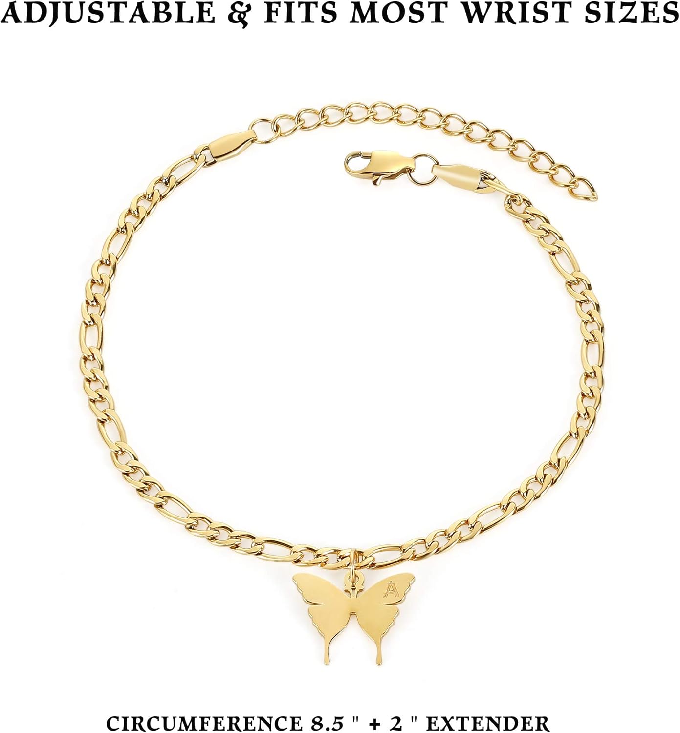 TONY & SANDY Ankle Bracelets for Women - Initial Butterfly Anklet for Women Stainless Steel Figaro Chain Summer Beach Waterproof Foot Jewelry Gifts, Gold/Silver - Image 2