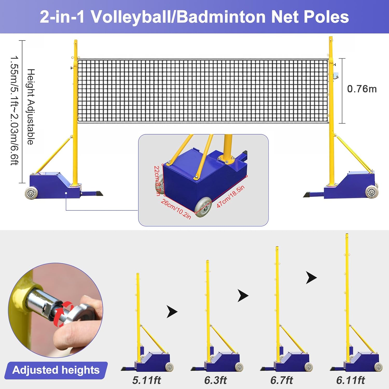 Volleyball Poles, Badminton Net Frame Poles for Indoor& Outdoor Heavy Duty Volleyball Net/Badminton Net Stand with Base/Wheels, Adjustable Volleyball Net Poles for Backyard,Stadium