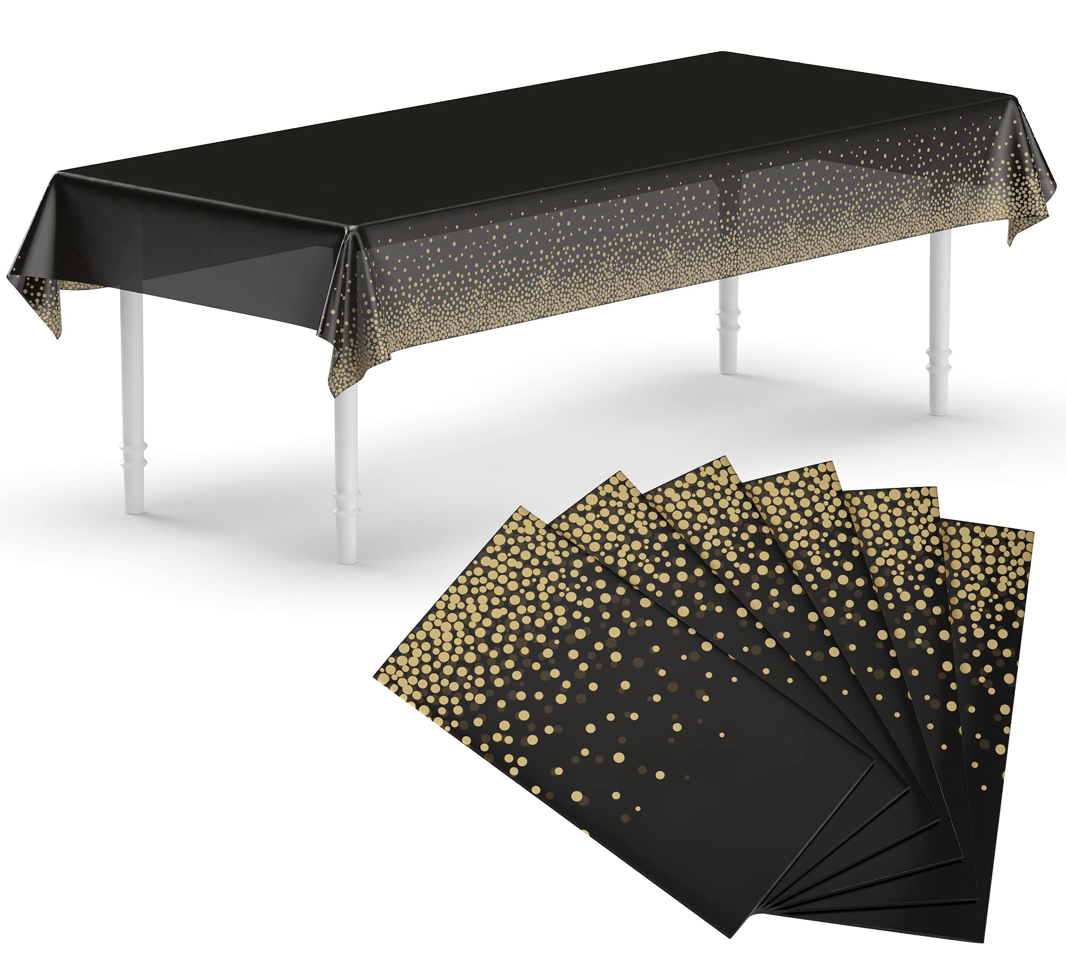 Neatiffy 54 in x 108 Inch 6Pack Rectangle Plastic Table Cloth | Waterproof Disposable/Reusable Tablecloth | Table Cover for Picnic, Party, Banquet, Birthdays (Black Golden Dot)
