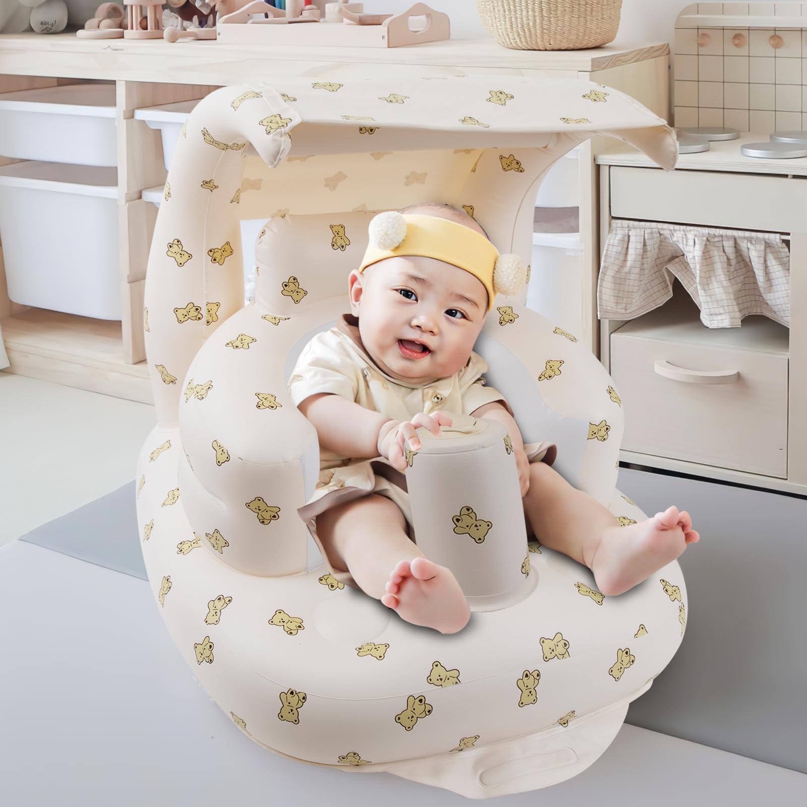 EKEPE Inflatable Baby Seat with Integrated Canopy for Babies 3 Months & Up, Baby Floor Seats for Sitting Up, Baby Seats for Infants, Blow Up Baby Chair with Built in Air Pump - Bear