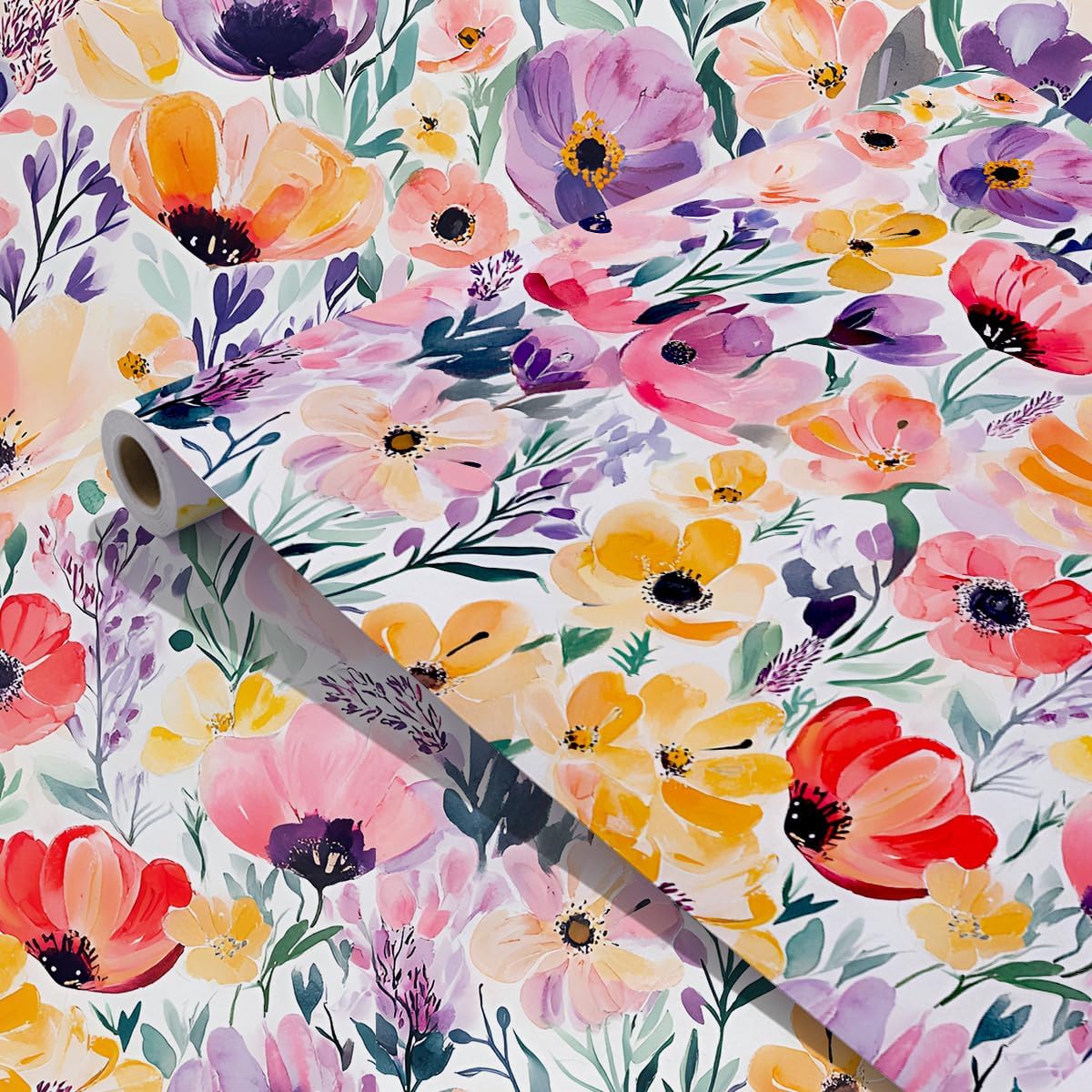 Self Adhesive Watercolor Colorful Floral Shelf Liner Contact Paper Decorative Multicolor Flower Drawer Liner Peel and Stick Floral Wallpaper for Walls Cabinets Table Decal 17.7X117 Inches