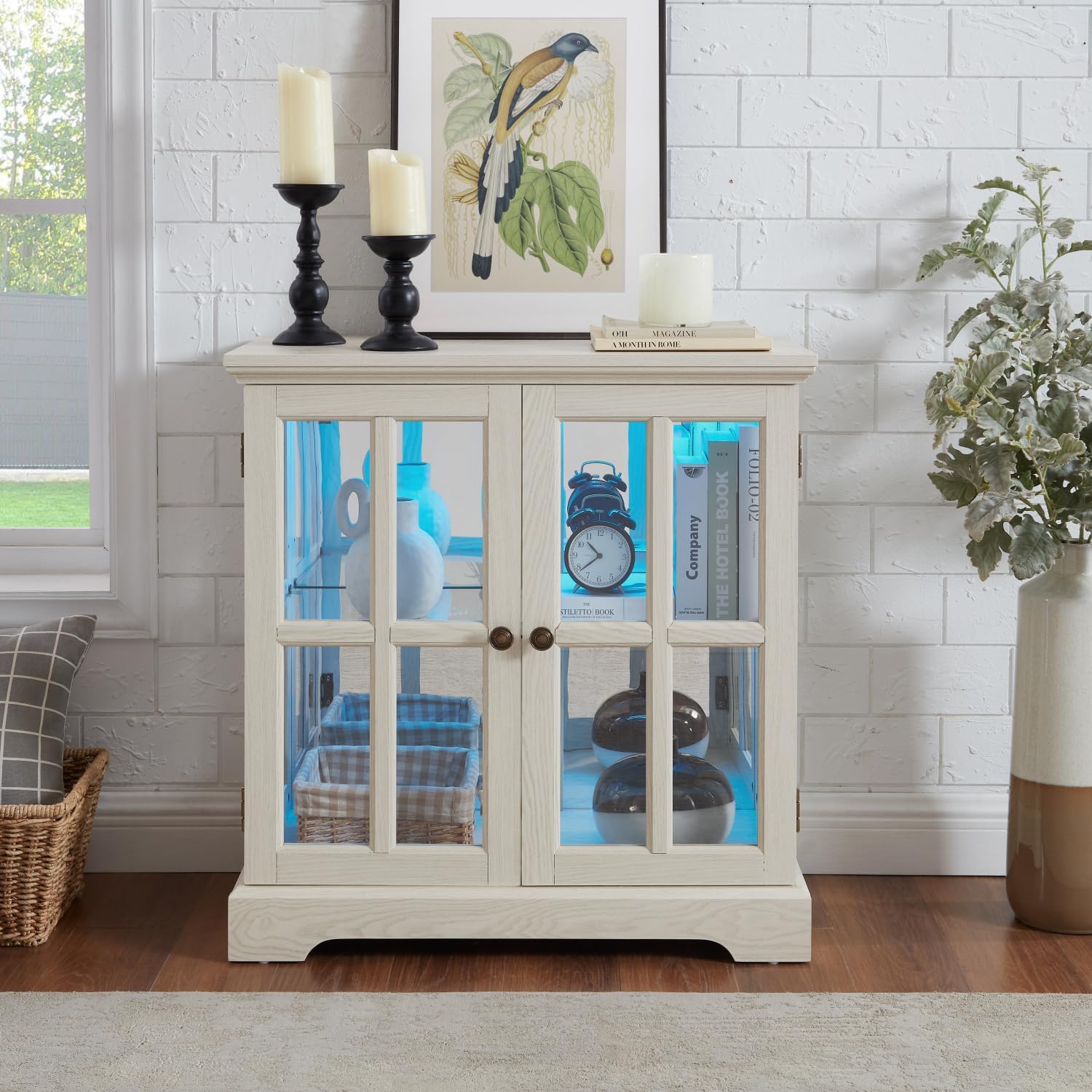 Led Curio Display Cabinet - White MDF+Glass - Adjustable Shelves - Retro Design Elegant Bookcase with Led Lighting - Home Decor