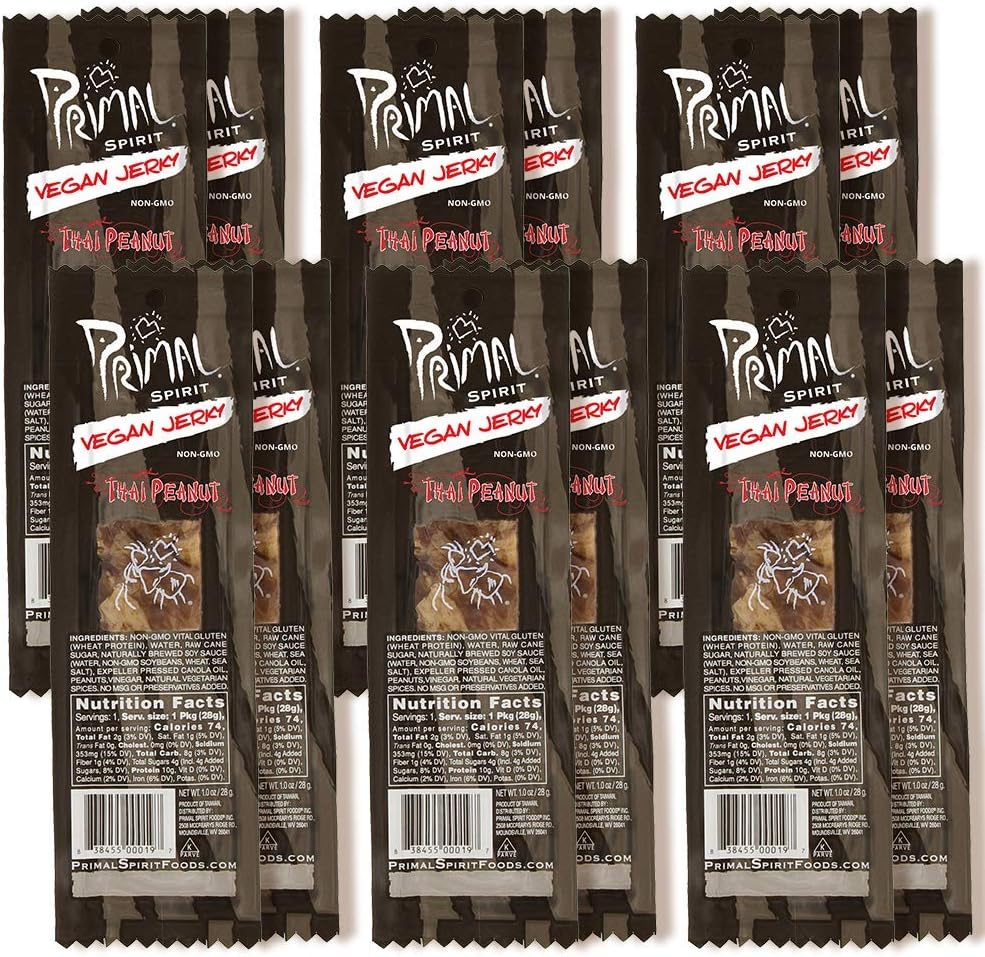 Primal Spirit Vegan Jerky – “Classic Flavor” – Thai Peanut, 10 g. Plant Based Protein, Certified Non-GMO, No Preservatives, Sports Friendly Packaging (12 Pack, 1 oz)