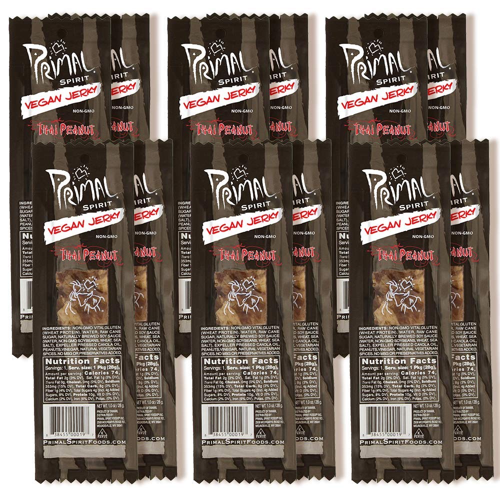 Primal Spirit Vegan Jerky – “Classic Flavor” – Thai Peanut, 10 g. Plant Based Protein, Certified Non-GMO, No Preservatives, Sports Friendly Packaging (12 Pack, 1 oz)