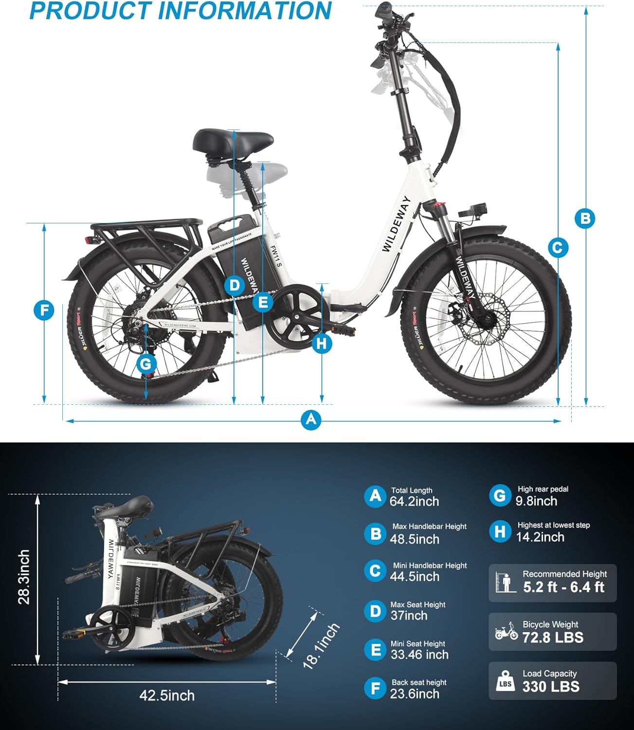 Wildeway Folding Electric Bike for Adults with 32Ah Battery Long Range 750W Motor 28MPH, 20"x 3.0"Fat Tire Foldable EBike, Urban City Commuter Men Women Bicycle 7 Speed Gear