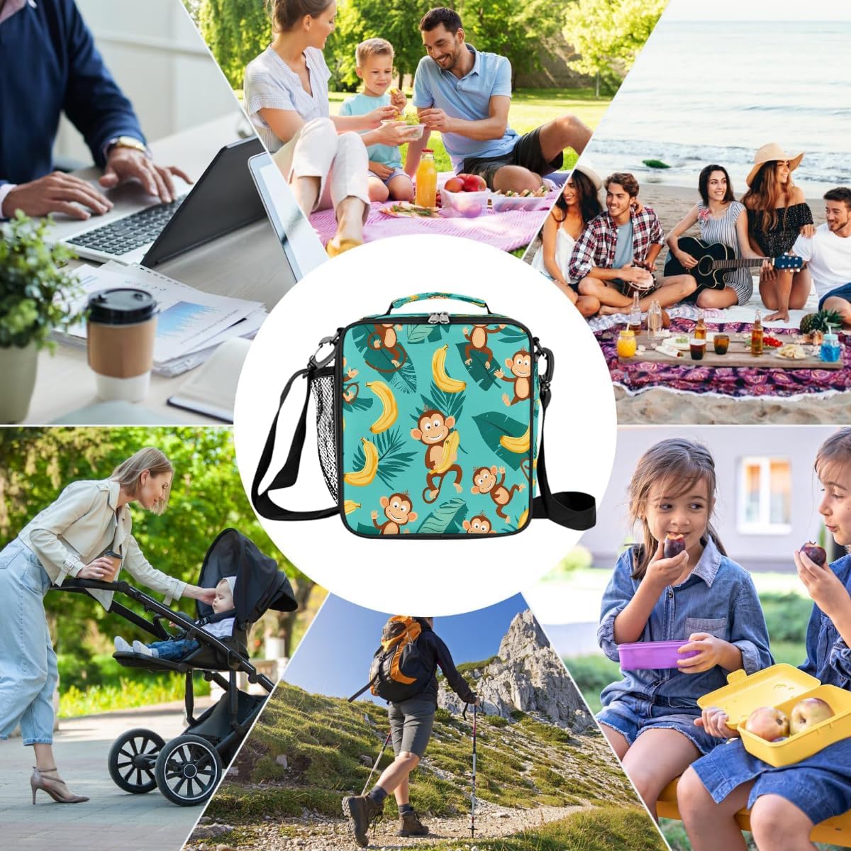 Cute Monkeys Banana Palm Leaf Kids Lunch Bag, Insulated Lunch Box for School Reusable Lunch Tote with Shoulder Strap Leakproof Waterproof for Boys Girls Travel Picnic Camping Outdoor Gift