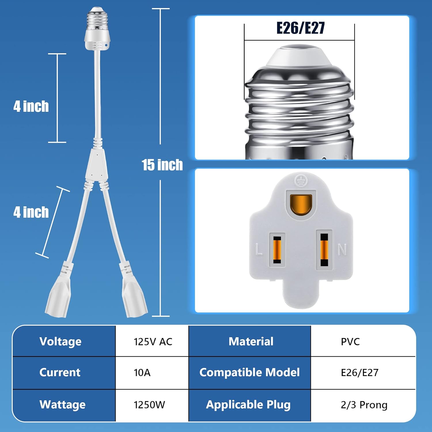 E26/ E27 2 and 3 Prong Light Bulb Socket Adapter Bundle with 2 in 1 Light Bulb Socket to Plug Adapter Extension Cord