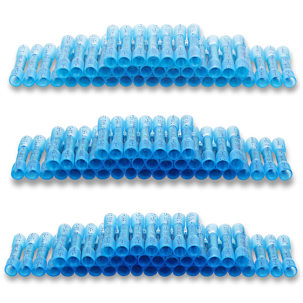 Sopoby 125pcs Heat Shrink Butt Connectors, Electrical Insulated Wire Connectors, Waterproof Marine Automotive Crimp Terminals Kit, 16-14GA Copper, Blue