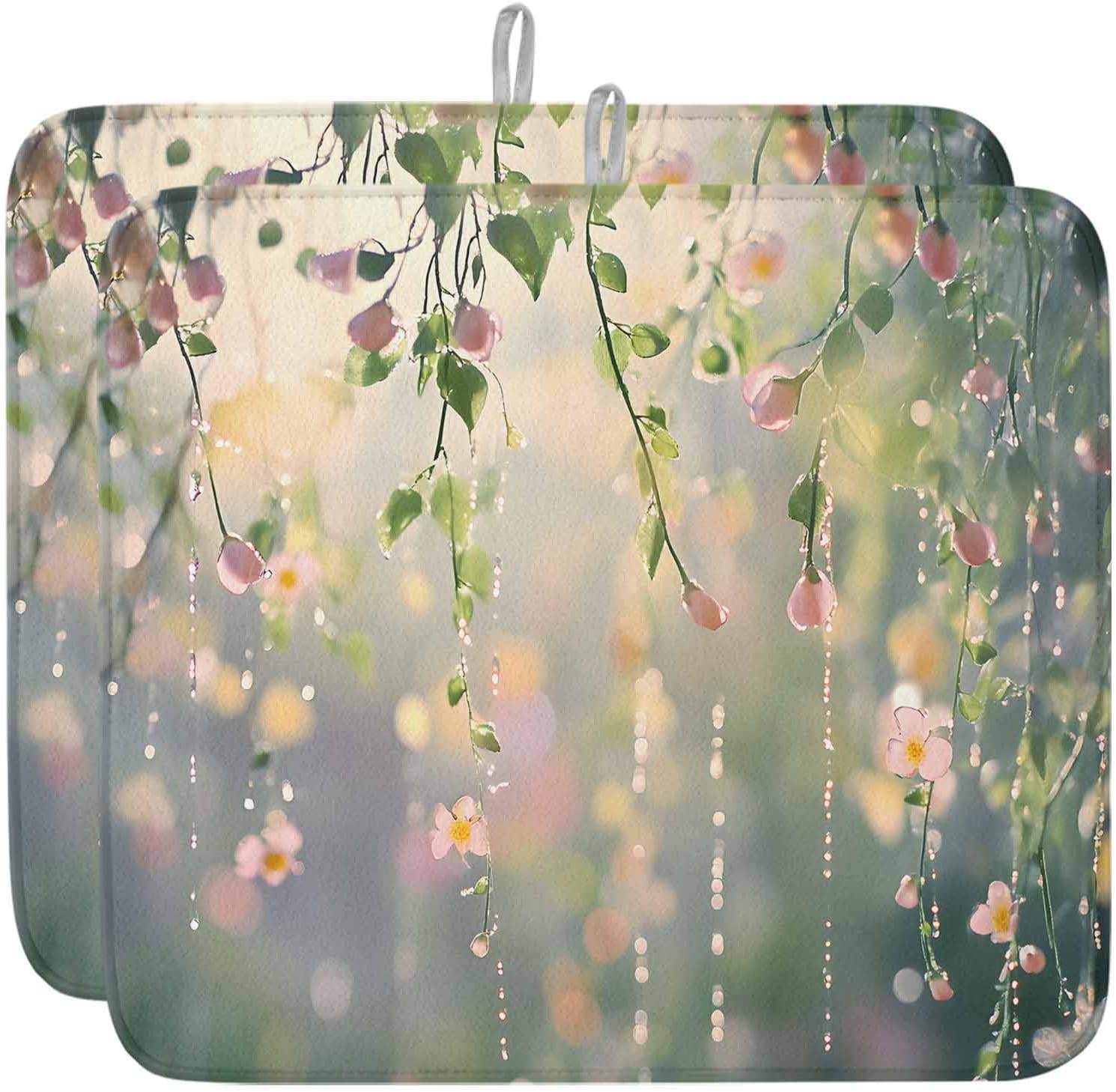 Dish Drying Mat Set of 2 Spring Nature Microfiber Absorbent Reusable Washable Dish Drying Rack Mat Hanging Flower Dew Drop Coffee Mat for Coffee Maker Bar Kitchen Countertops 18x24inch
