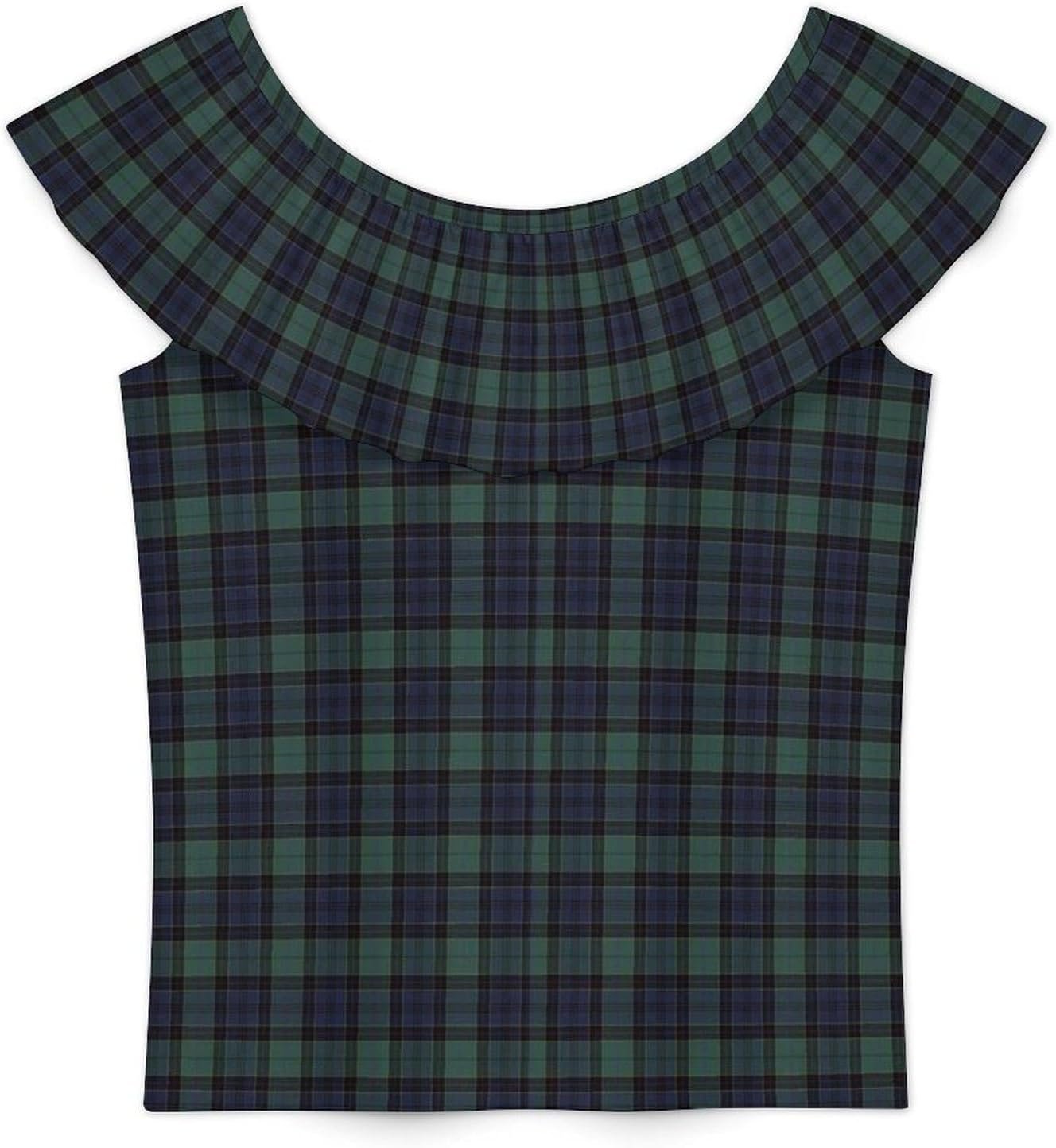 Scottish Blue-Green Plaid Girls T-Shirts Top Ruffle Short Sleeve Blouse Casual Graphic Tees
