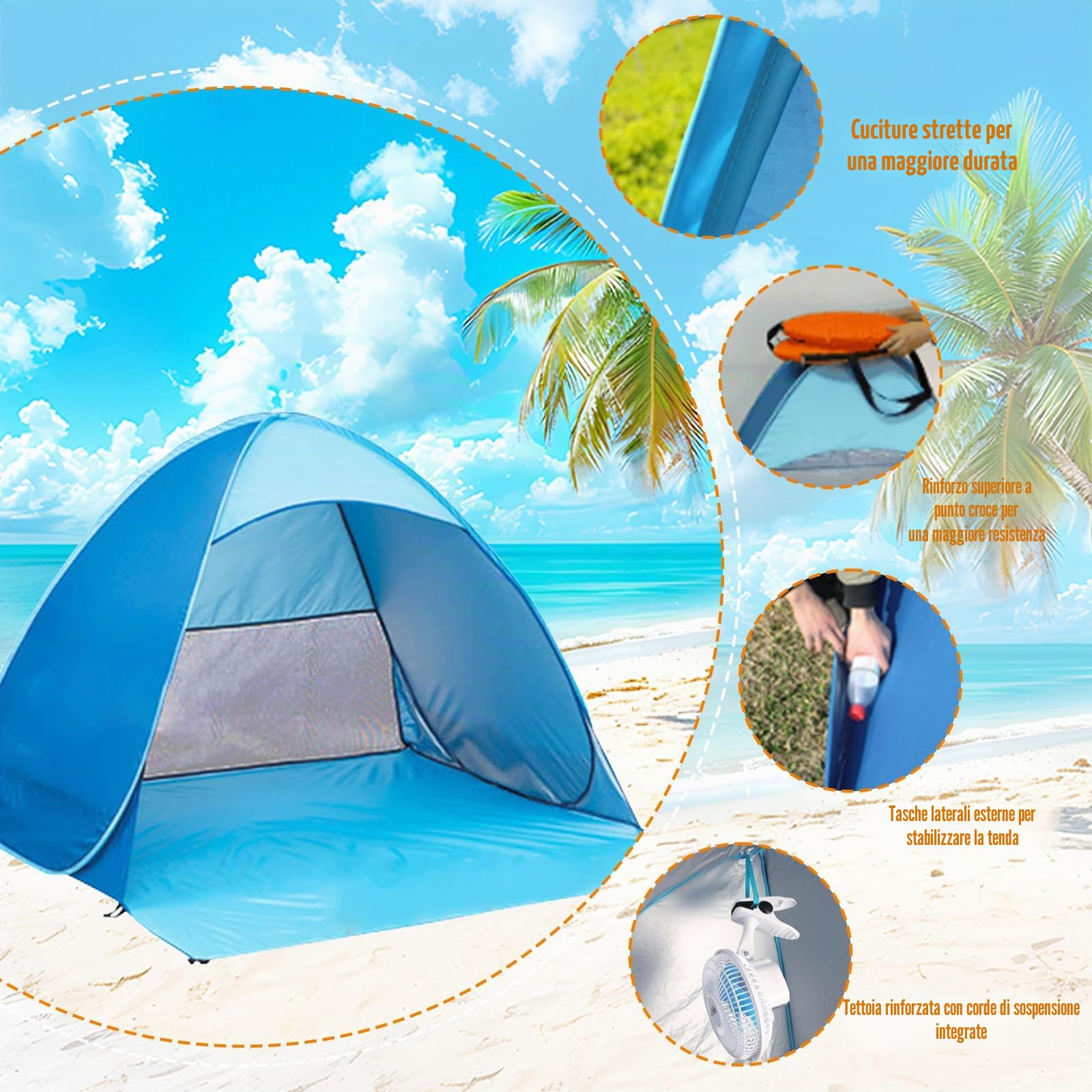 Tenda Campeggio Spiaggia Pop-up con Borsa & Picchetti,Tenda Antivento Protezione Solare per 2-3 Persone,Tenda Mare Portatile & Facile Installare per Esterni Pesca, Vacanza Viaggi, Giardino(Blue)