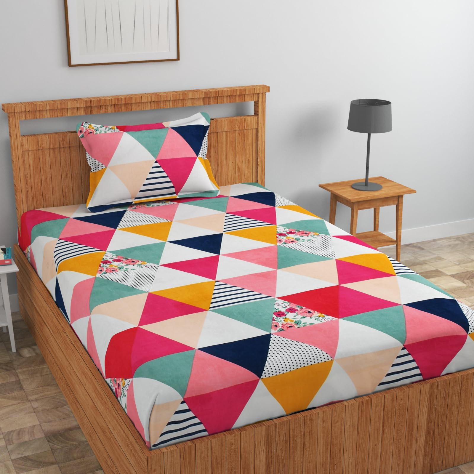 RRB Textile bedsheet for Single Bed Glace Cotton, bedsheet for diwan Bed/Bedroom, Single bedsheet with 1 Pillow Cover (Boxes-Pink, Single 60 x 90 Inches)-image-18