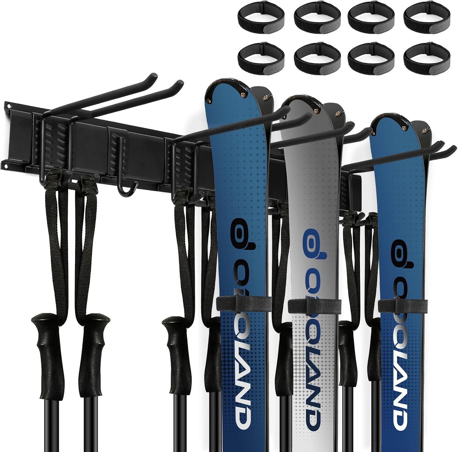 Odoland Ski Storage Racks, 4 Pairs of Ski Snowboard Wall Mount Hanger with Short Hooks and Ski Cinch Straps, Home Shed and Garage Organization System Snow Ski Holder Holds Up to 300lbs