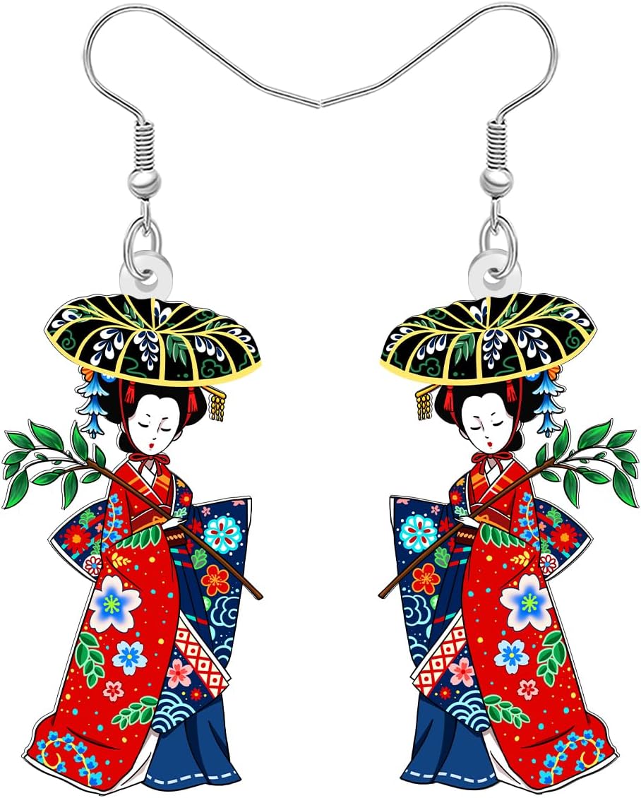 Acrylic Fun Japanese Kimono Doll Dangle Earrings Gifts for Women Cute Traditional Culture Kimono Doll Dangling Designer Earrings Hypoallergenic Jewelry for Cosplay Decor Charms