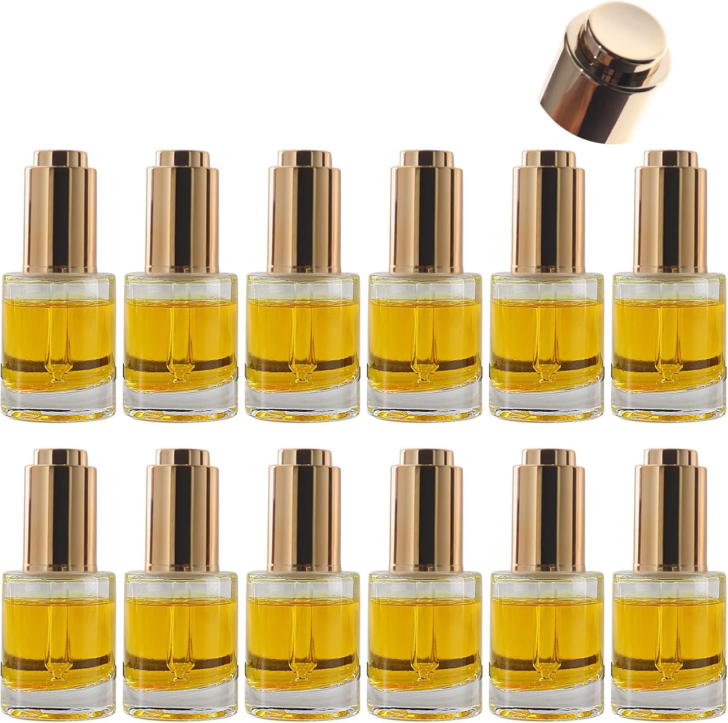 30ml Straight Shoulder Glass Drip Bottle, with Electrically Plated Shiny Gold Concave Step Cover, Threaded 18/415, Suitable for Essential Oils, Leak Proof Travel, Set of 12