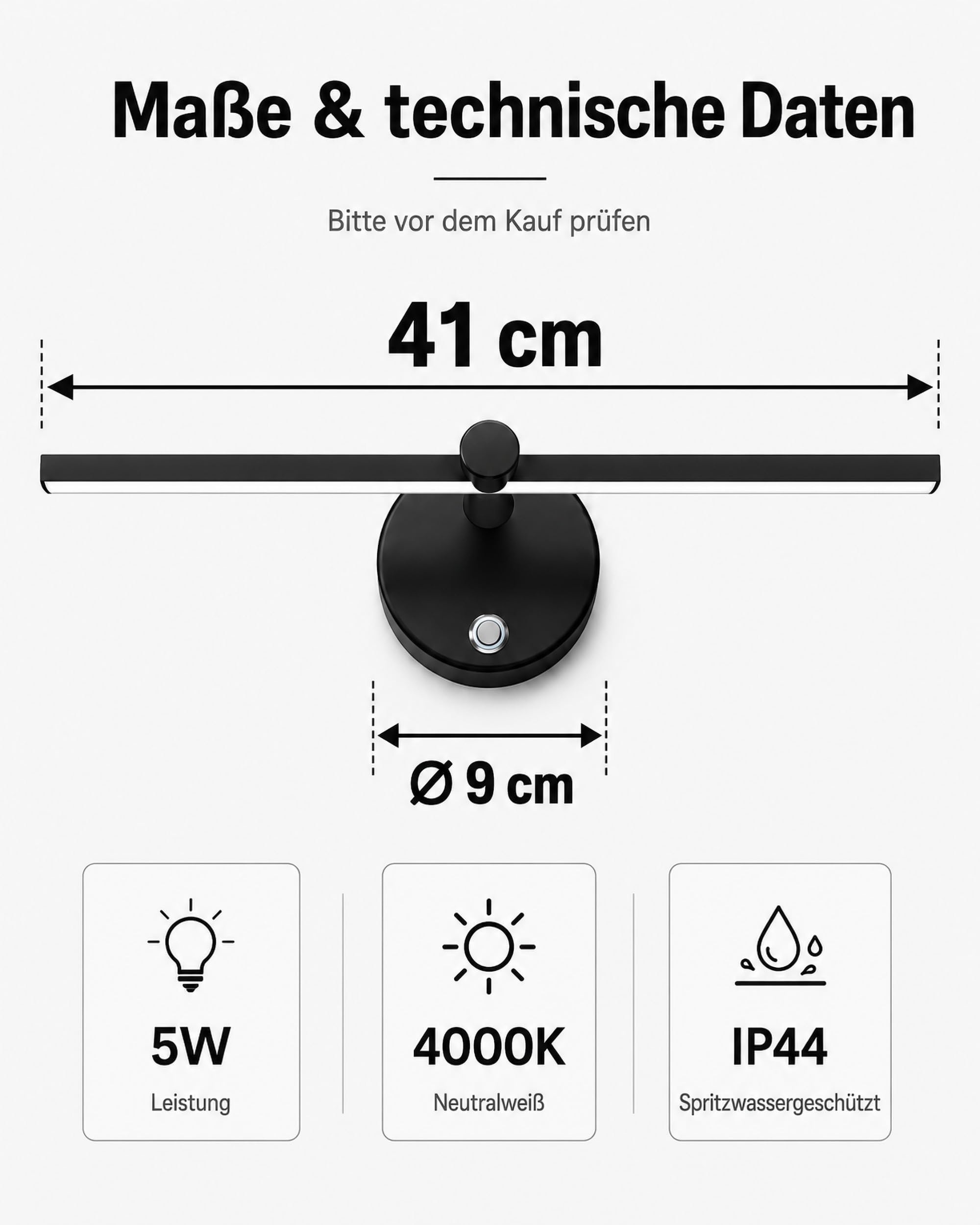 LANMOU Spiegelleuchte Bad mit Schalter, 41cm LED Spiegellampe Badezimmer Schwarz IP44, Touch Dimmbar, 5W 4000K Bilderlampe, 300° Drehbar Badlampe Spiegel
