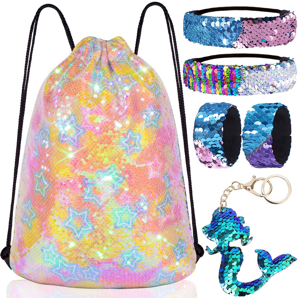 GA&EN Mermaid Reversible Sequin Drawstring Backpack/Bag Clear Iridescent Sequin+ Star Shape Spotted Fabric for Kids Girls One_Size