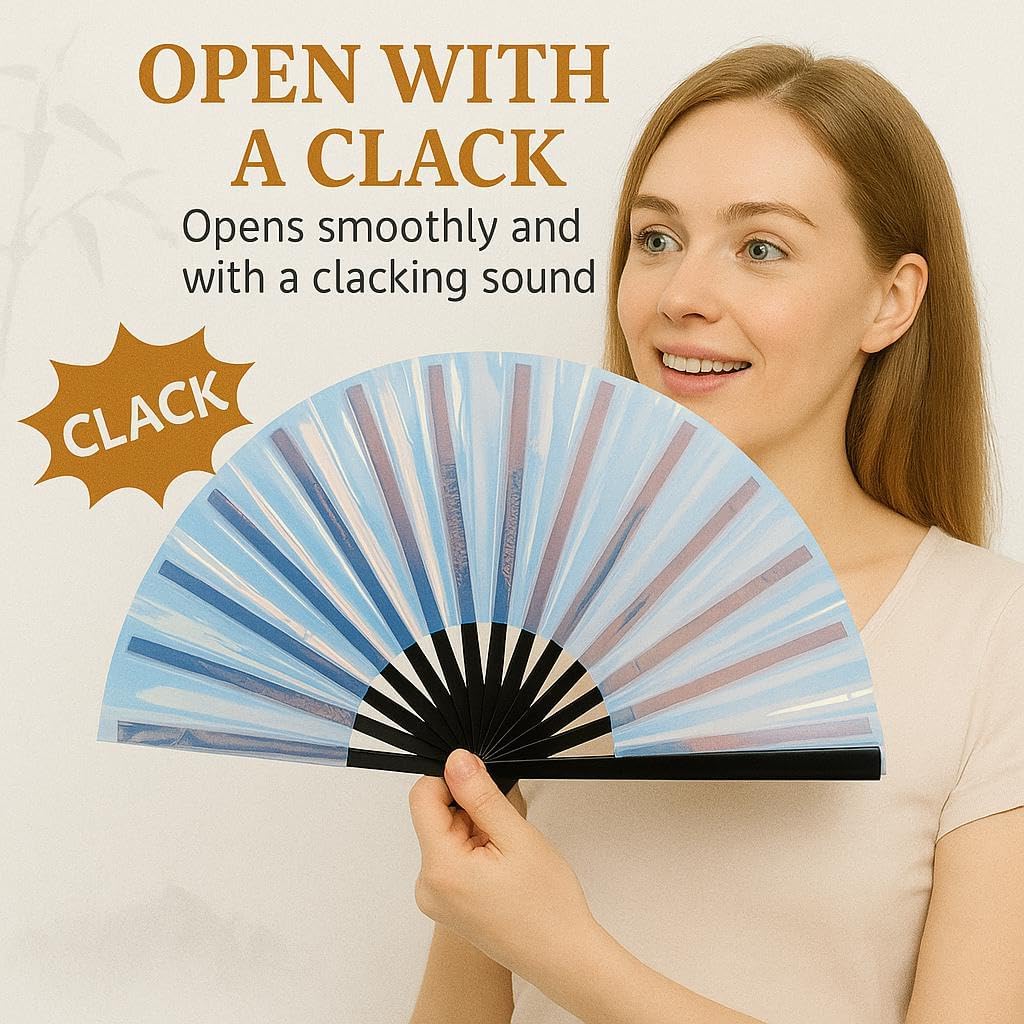 2025 New Large Holographic Line Dance Popping Fan, Iridescent Clacking Folding Hand Fan for Raves, Festivals, Dance & Party Accessories, 13in (2PCS blue)