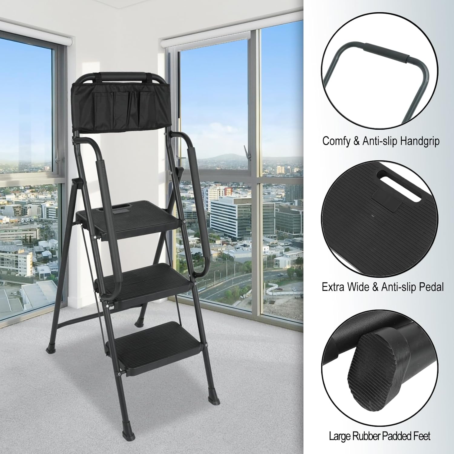 BLACKHORSE-RACING 3 Step Ladder with Handrails & Attachable Tool Bag, 500 lbs Folding Step Stool Ladder, Wide Non-Slip Pedal for Kitchen Pantry Home Office, Black