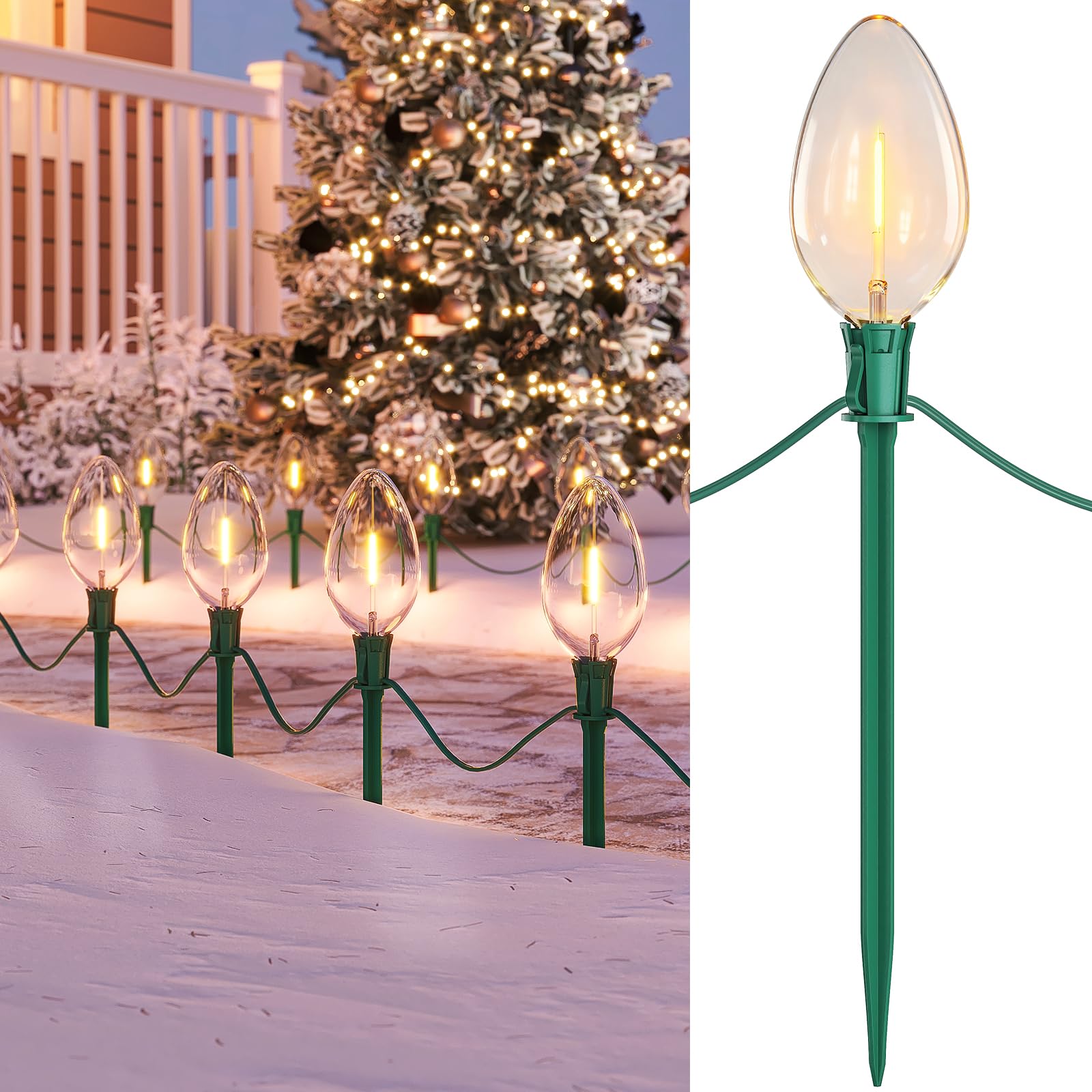 suraielec jumbo c9 christmas lights, 20ft christmas pathway light outdoor, 10 warm white giant led bulbs, 10 ground stakes for holiday yard lawn garden walkway decorations, ul listed