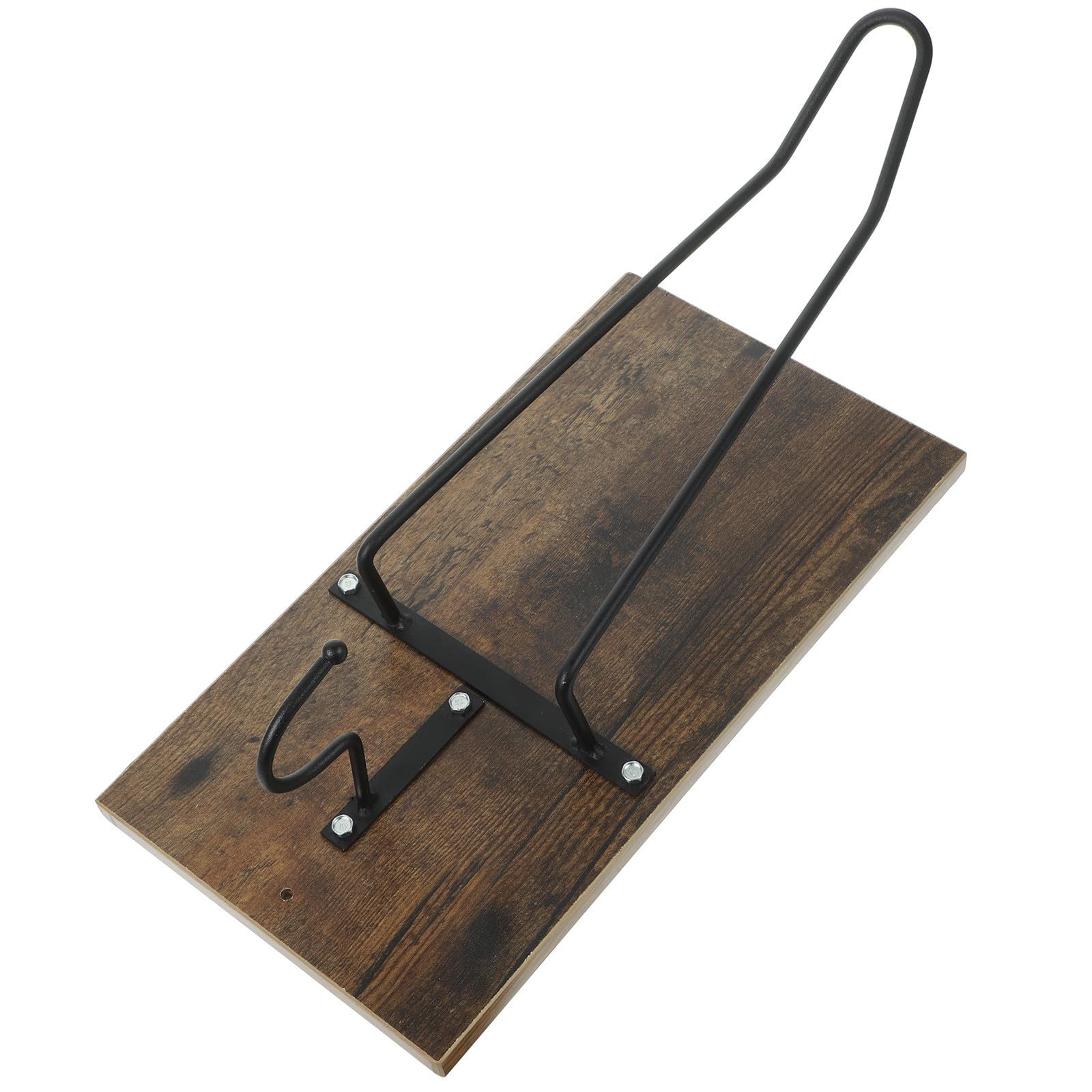 Soporte de madera para protector de moto con gancho de metal marrón