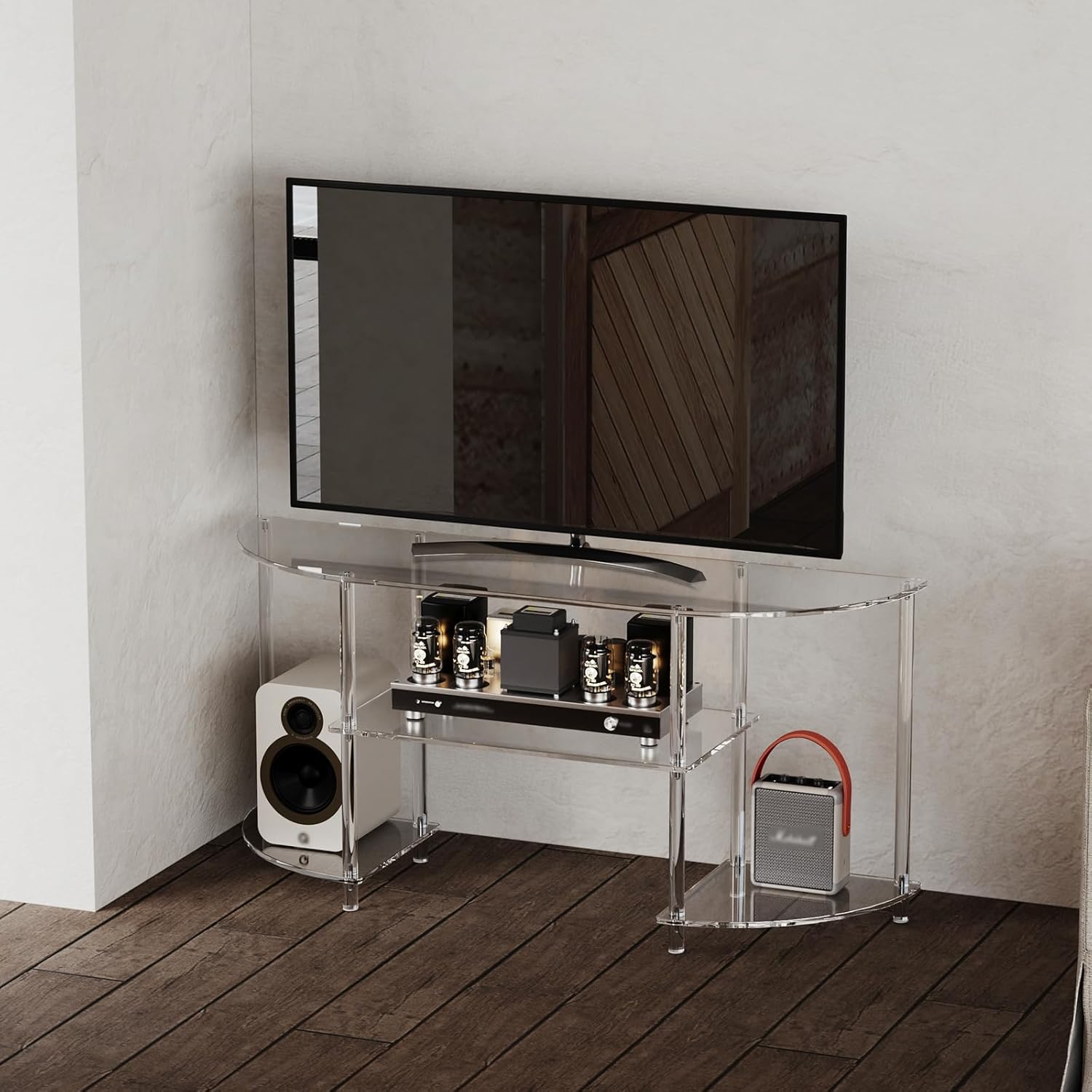 Eglaf Acrylic TV Stand - 3-Tier Semi-Circular TV Console Table - Corner TV Stand Entertainment Center with Open Shelves, TVs up to 50 Inch, 47.2'' L x 13.4'' W x 22.4'' H
