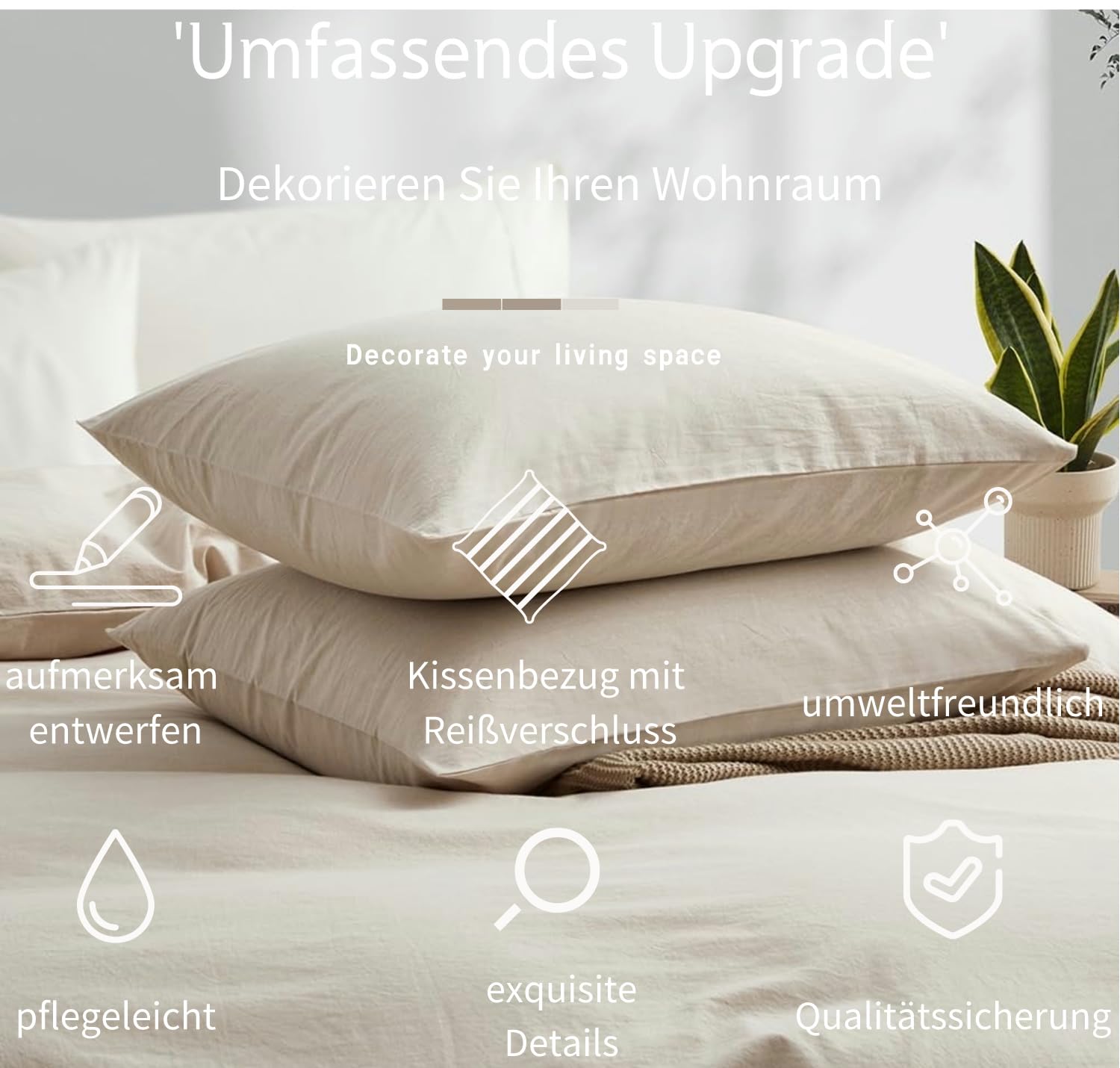 Boqingzhu Baumwolle Bettwäsche 200x200cm Beige Creme Taupe Einfarbig Uni Ästhetik Doppelbett Weich Renforce Baumwollbettwäsche Bettbezug 200x200cm und 2 Kissenbezüge 80x80cm mit Reißverschluss