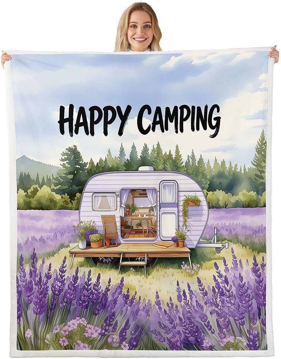 Happy Camping Fleece Blanket Twin 60"x80" for Adults - Rustic Farmhouse Camper Trailer Sherpa Blanket Purple Lavender Floral Fuzzy Plush Throw,Rustic Cozy Outdoor Camping Decor For Bed Couch
