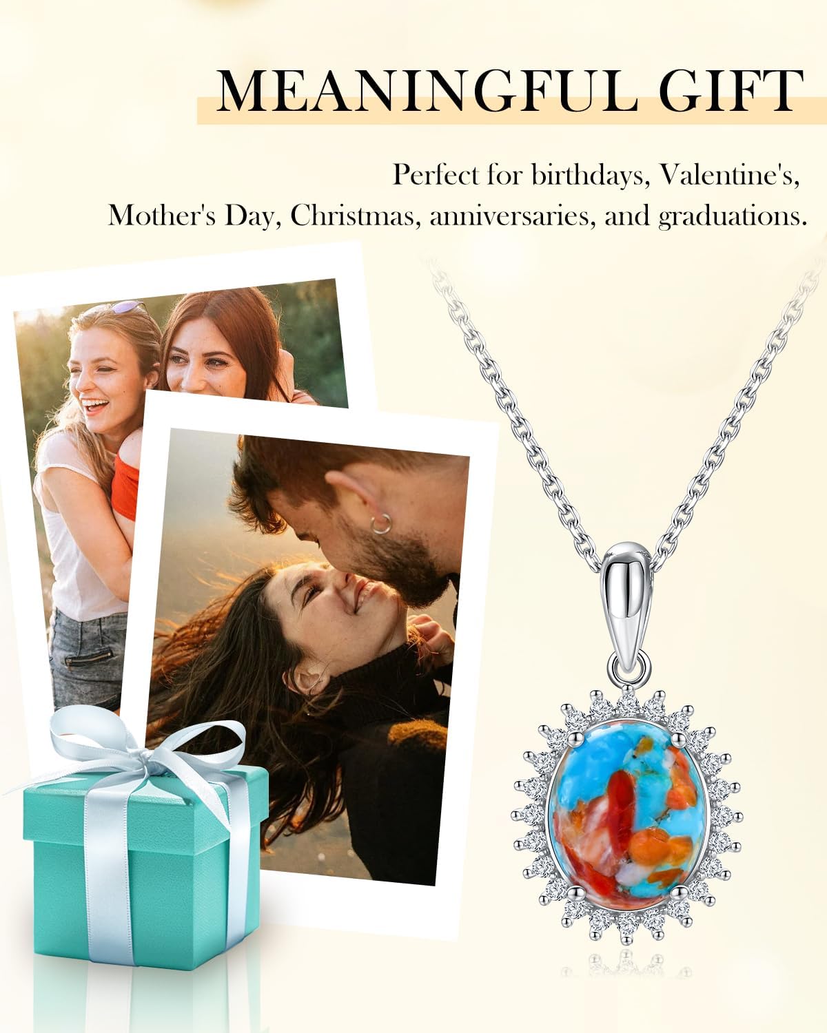 AIBAO 3-8 Carat Natural Turquoise/Malachite Pendant Necklaces for Women Sterling Silver Oval Gemstone Halo Necklace with Adjustable Paperclip Chain Birthday Christmas Jewelry Gift - Image 4