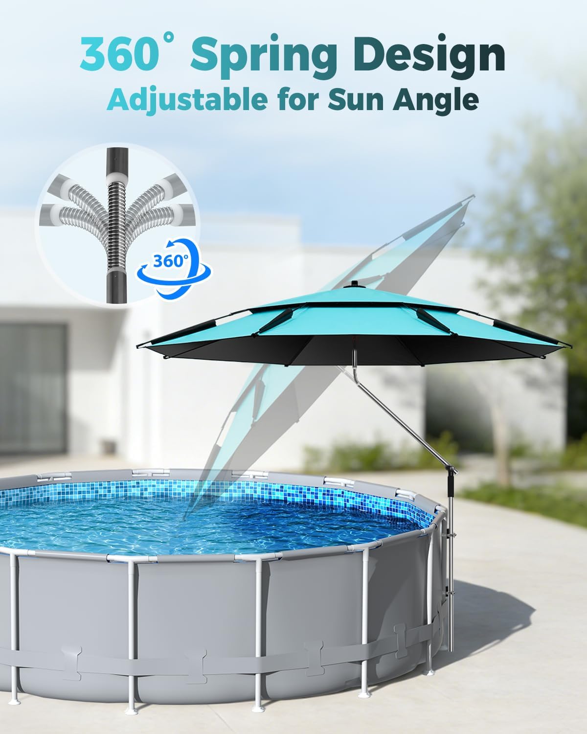 Above Ground Pool Shade Umbrellas - Outdoor Sunshade Canopy with 2 Pack Cup Holders Fits Most Oval Rectangular Swimming Pools - Patio Umbrella for Garden, Beach, Backyard, Poolside Accessories