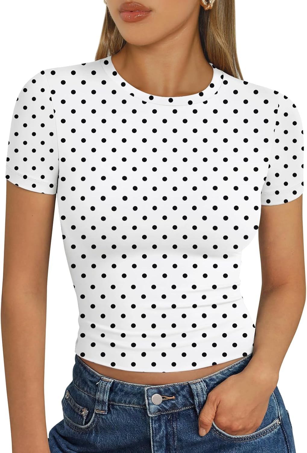 Trendy Queen Womens Short Sleeve T Shirts - Buttery Soft Summer Crop Tops Slim Fit Y2k Basic Tees for Workout White Dots L