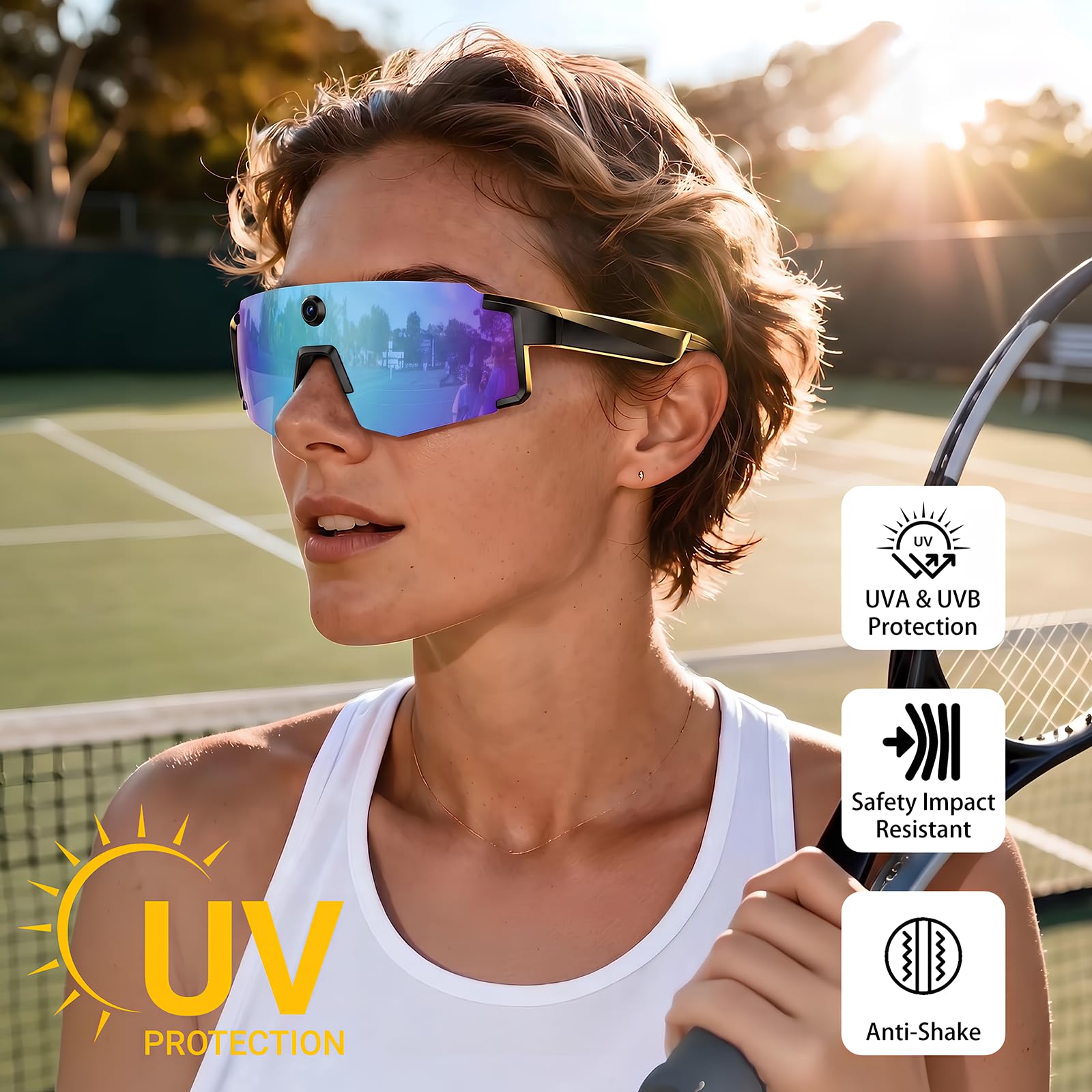 Gafas Inteligentes con Cámara de 8MP, Gafas de Sol Bluetooth para Ciclismo | Protección UV400,139 Idiomas para Traducción, Control de Voz, Cancelación de Ruido ENC, para Deportes Al Aire Libre