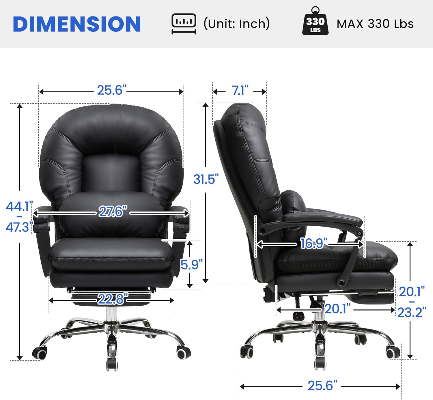 Big and Tall Ergonomic Office Chair Computer Desk Chair - Home Desk Chair with Footrest, High-Back Swivel PU Leather Executive Office Chair (Black)
