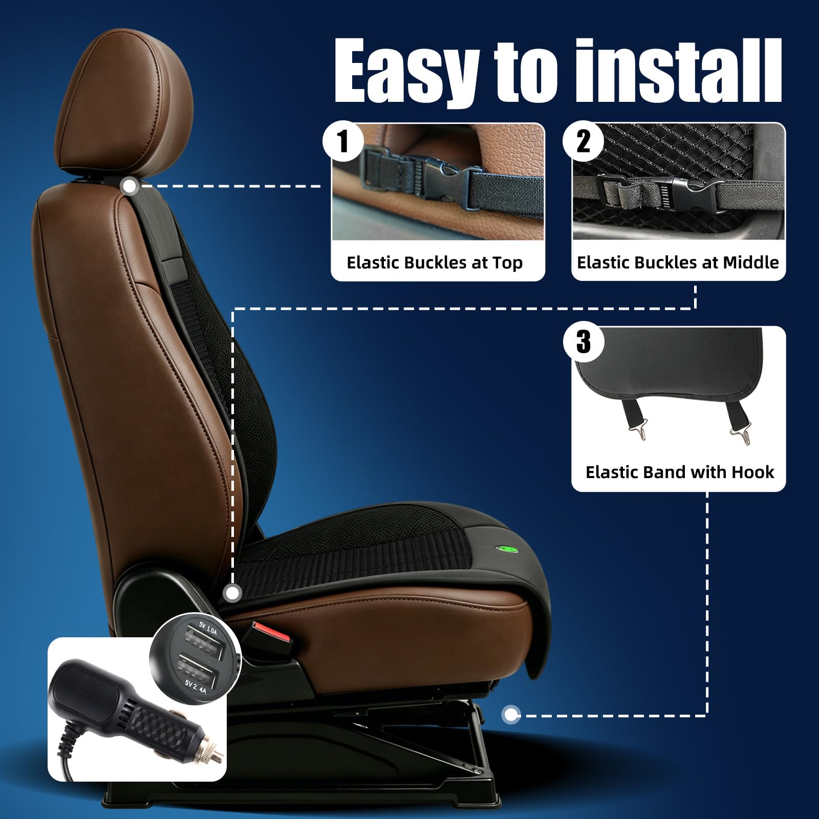 Funda de asiento de coche con ventilación de 3 velocidades para succión con seda de hielo transpirable
