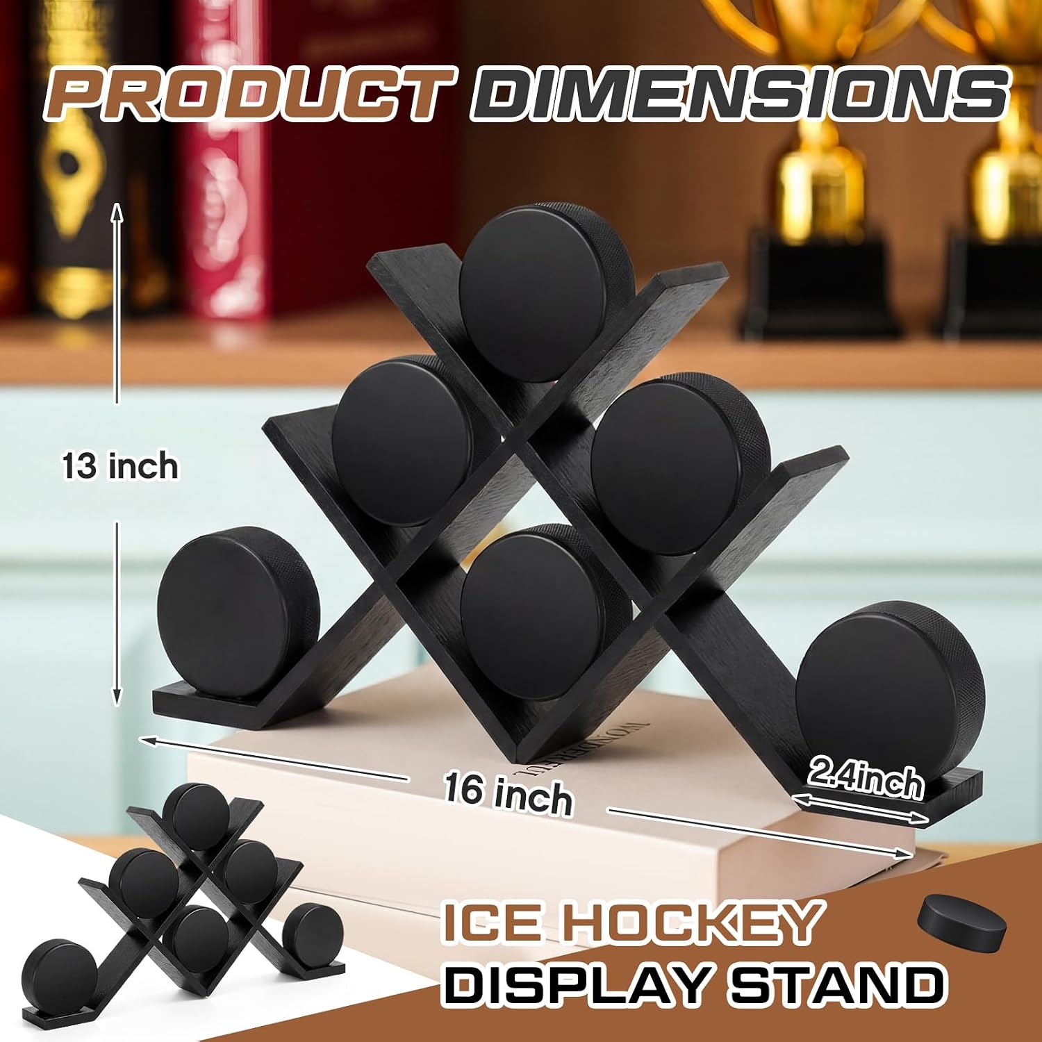 CroBlissful Wooden Hockey Puck Display Case Holder Desktop Hockey Puck Holder for 6 Collectibles Display Stand for Desk, Shelf, Sports Players Team Gifts Room Decoration