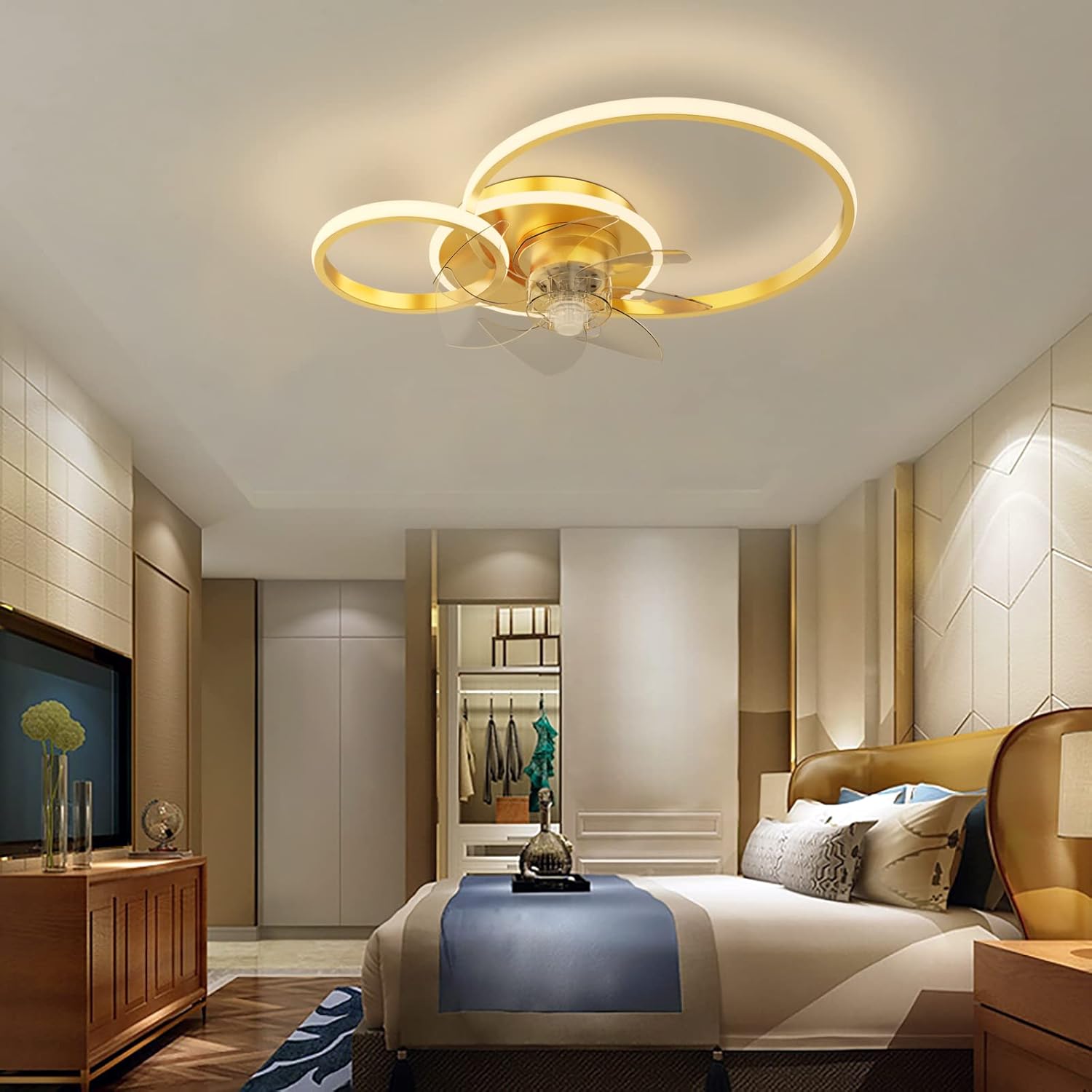 YUEGOO Ceiling Fans with Lamps,Silent Ceiling Fans with Lights and Remote Reversible Fan Light 6-Speed Winter and Summer Mode with Dimmable Light Led Ceiling Light Living Room Bedroom/D/2 Circles