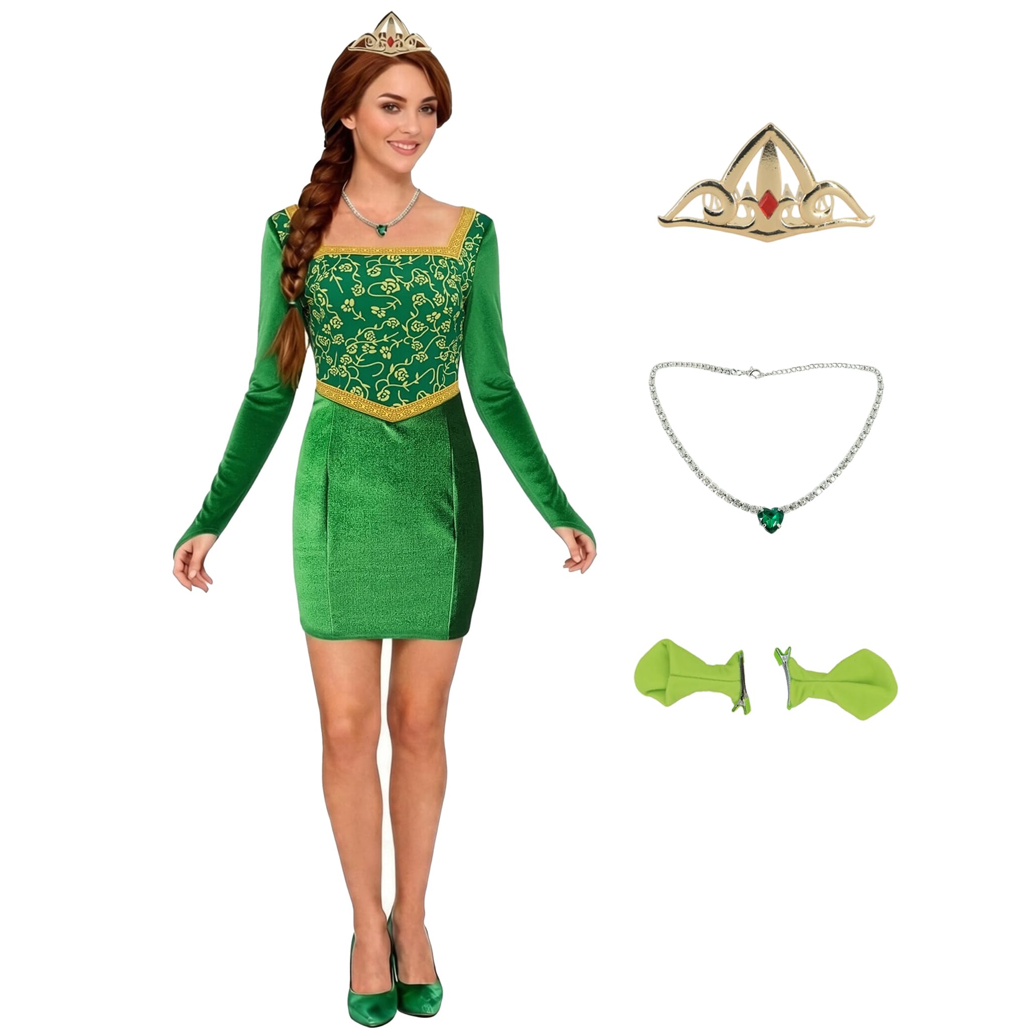 Poybraxh Fiona Costume Women Princess Dress Adult Halloween Cosplay Velvet Skirt Bodycon Dress Crown Ears Crown Necklace, Color 2, X-Large