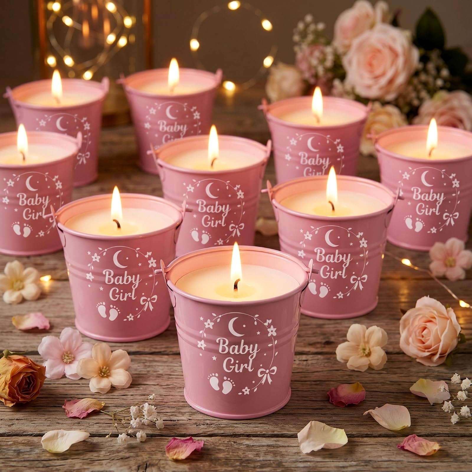 Treela Set di 24 candele per baby shower per ospiti profumate alla lavanda, 51 g, candela in cera di soia rosa secchio di ferro e confezione regalo per neonata rivelazione di genere forniture per