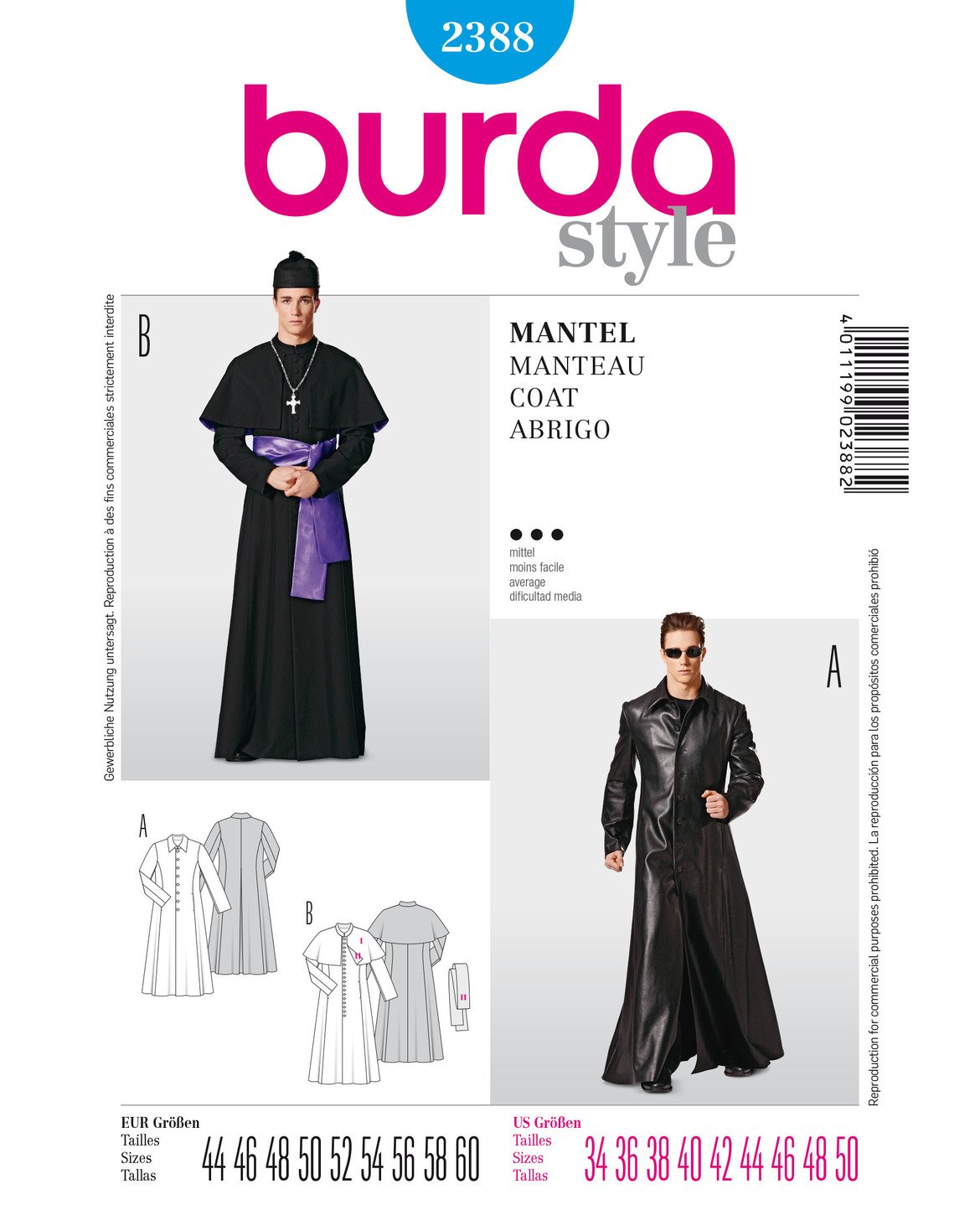 Patron de Couture Burda B2388 pour Manteau Taille 44-60