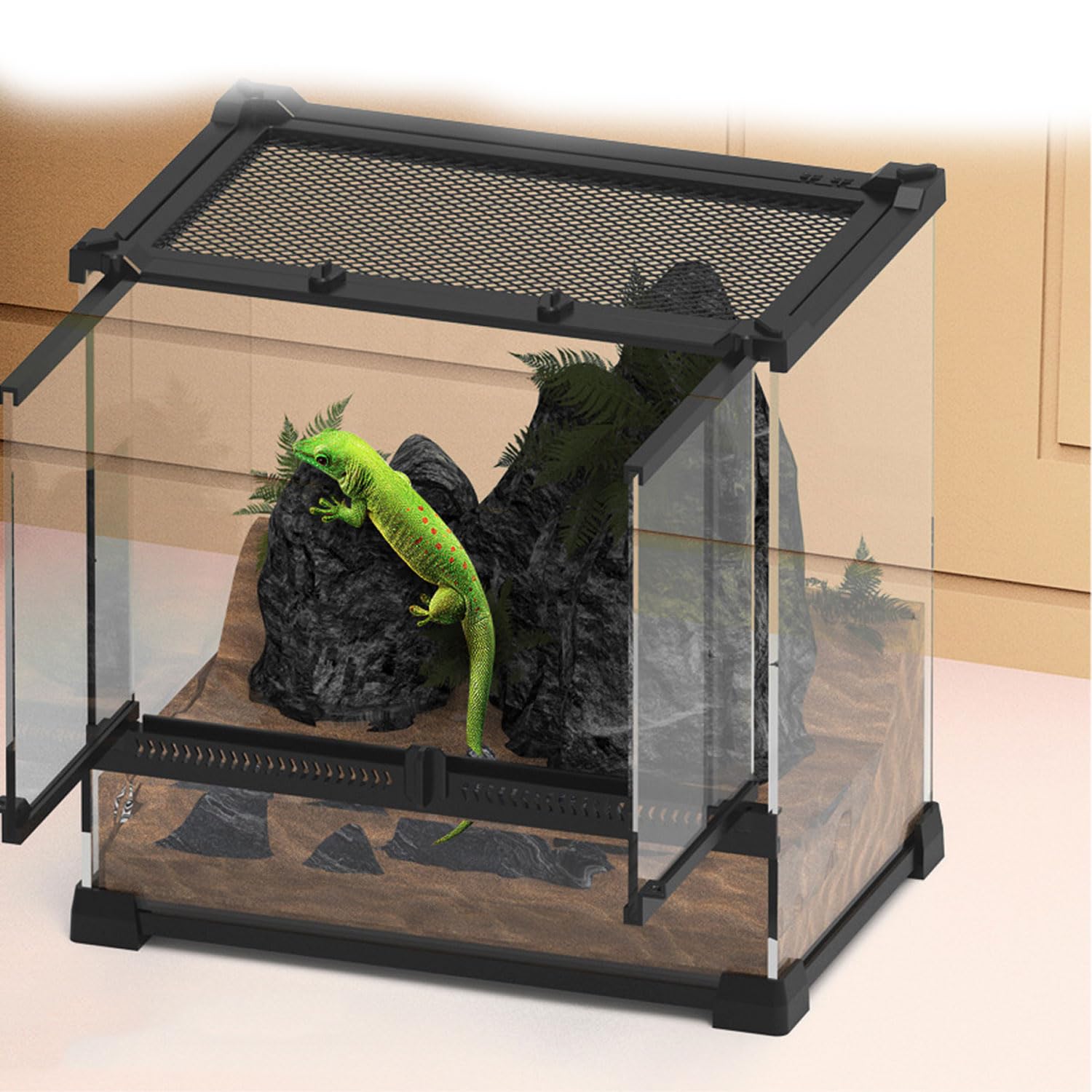 Terrario para Reptiles de Vidrio de Visión Completa, Tanque de Selva Tropical de Doble Puerta, Entradas de Cable Incorporadas, Ventilación de Pantalla Superior y Tapa Antiescape, para Iguanas
