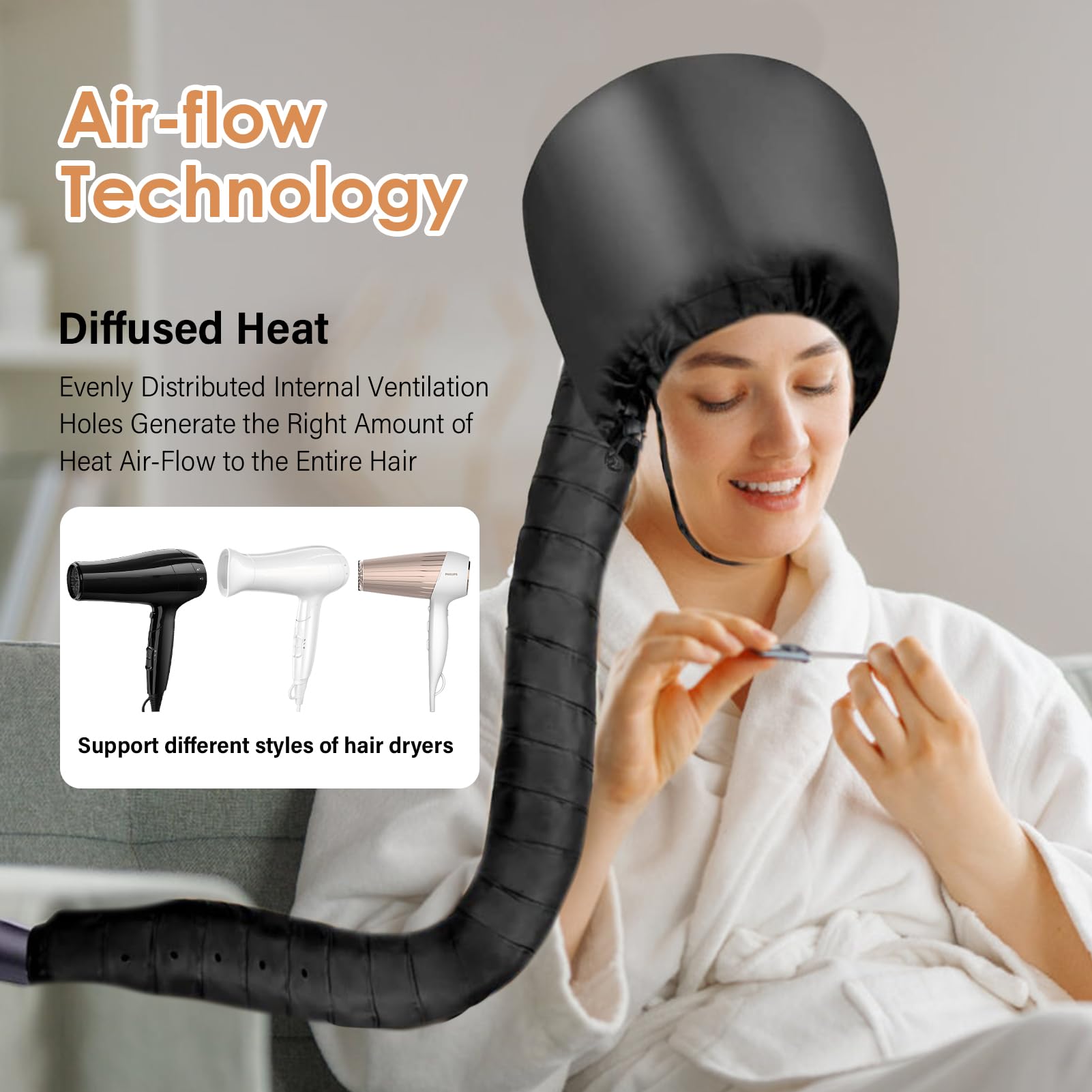 Casco per Asciugacapelli con Bonnet Elastico, Asciugatura Profonda per Capelli Ricci, Riscaldato per Cura Intensiva (Nero)