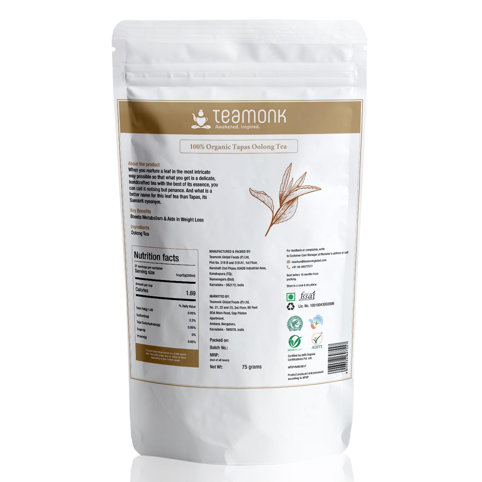 Teamonk - Tapas Oolong Tea 75 Grams (Makes 38 Cups Of Oolong Tea) | Aditi Certified Organic Darjeeling Tea | Supports Detoxification, Immunity & Weight Loss | No Oils Or Artificial Aroma - Image 2 thumbnail