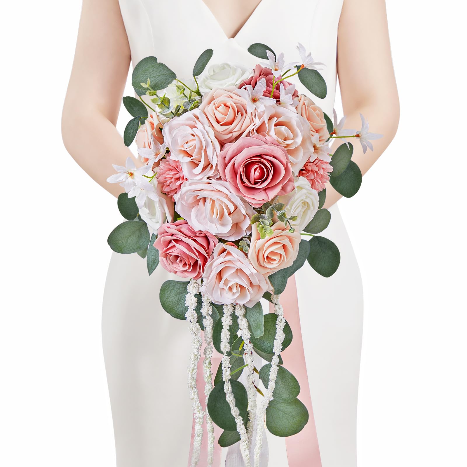 Serwalin 9.8" Wedding Bouquets for Bride,Cascading Bridal Bouquet Pink for Wedding Ceremony Anniversary, Bridesmaid Bouquet Wedding Flowers