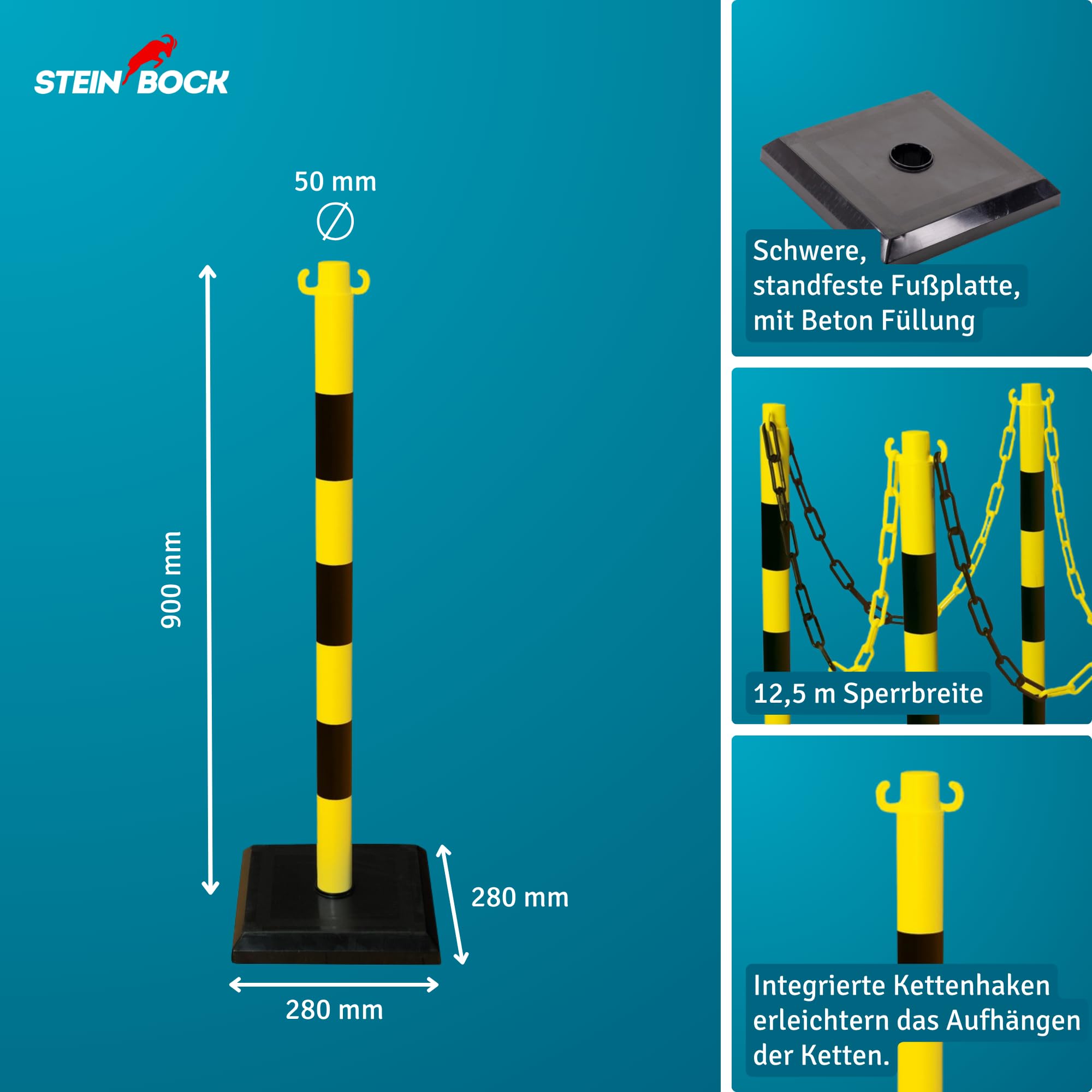 Steinbock Kettenständer 4 Stück | HxBxT 90 x 28 x 28 mm | 12,5 m Kettenlänge | Schwarz/Gelb | betongefüllte Fußplatte | Absperren von Innen- und Außenbereichen | standsicherer Ketten-Warnständer