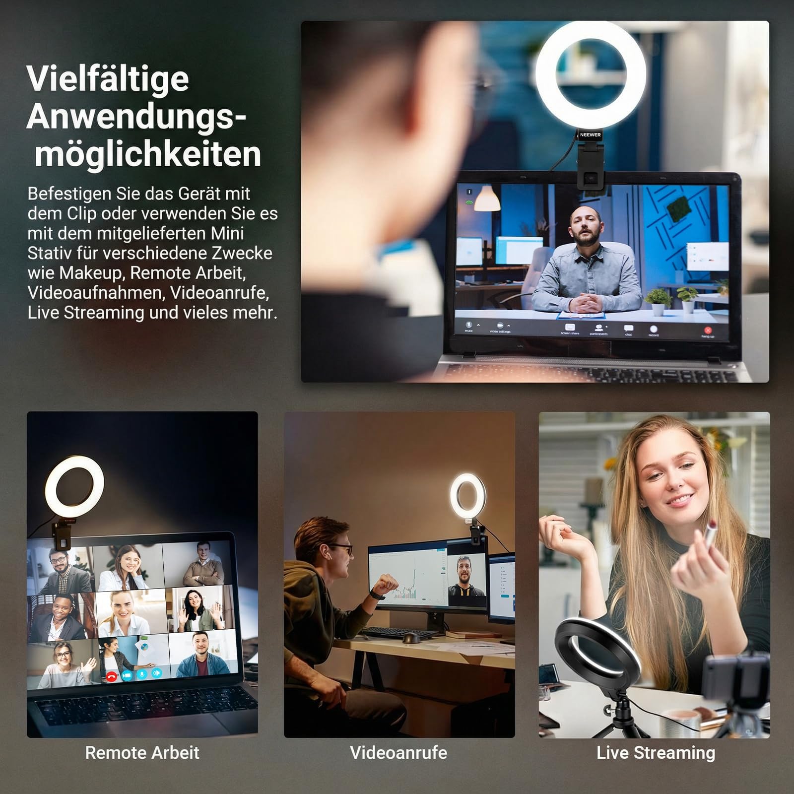 NEEWER BASICS 5" Ringlicht mit Klemme und Mini Stativ, 10W 3000k-6000K Dimmbares Ansteckleuchte für Laptop Computer Monitor Videokonferenzen Selfie, Vlog Makeup, Live Streaming, Videoaufnahmen, BR60