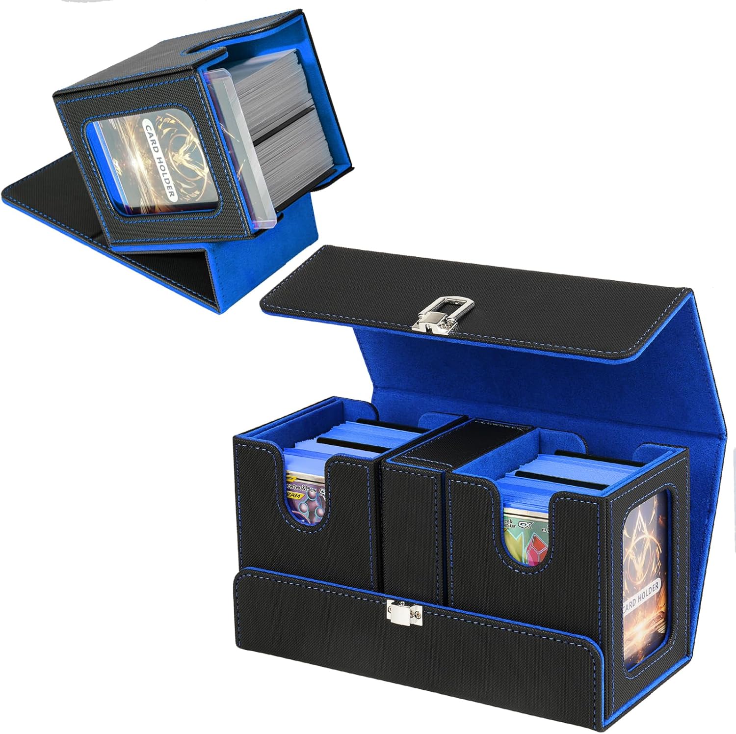 Commander Deck Box for MTG,3-in-1Card Deck Display Case with Portable Handle,Magnetic Card Display Case Bundle,Black & Blue